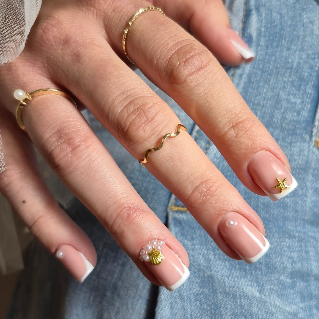 Soft Pink French Tips with Seashell and Starfish Art