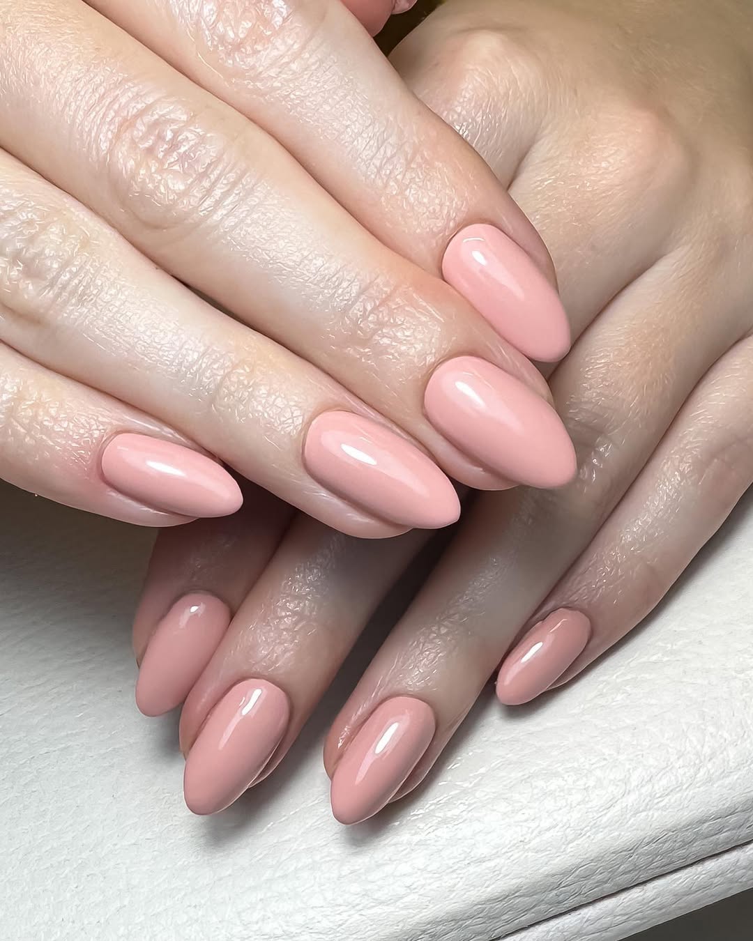 Soft Pink Glossy Medium Almond Nails