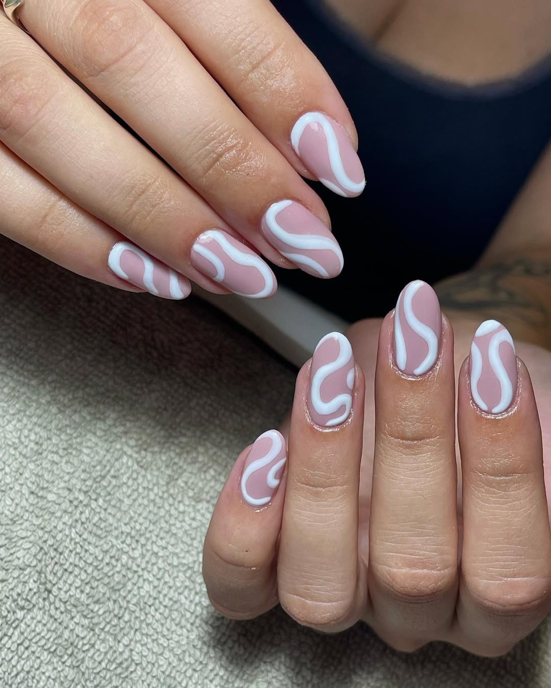 Soft Pink Matte Swirl Almond Nails