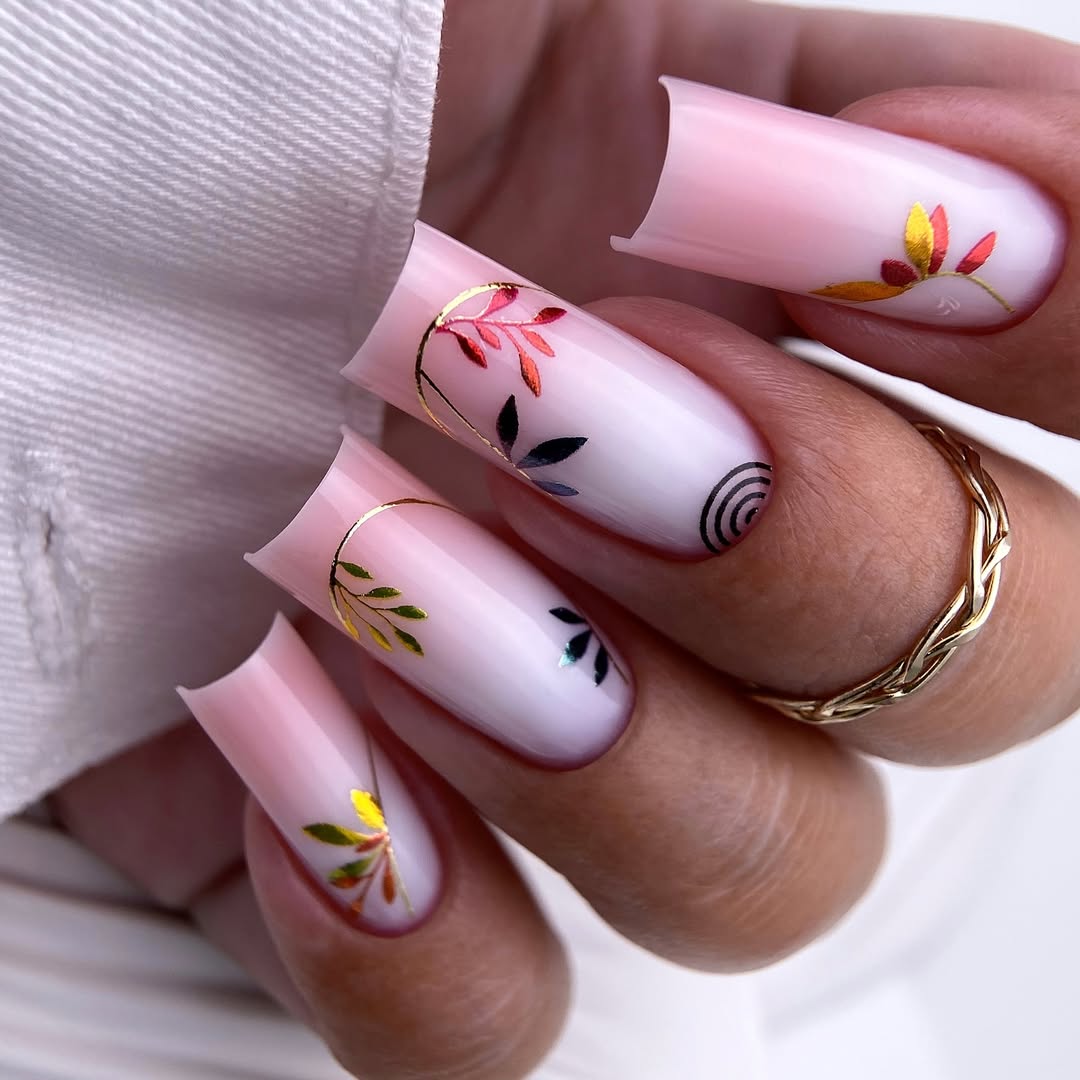 Soft Pink Ombre With Gold Botanical Accents