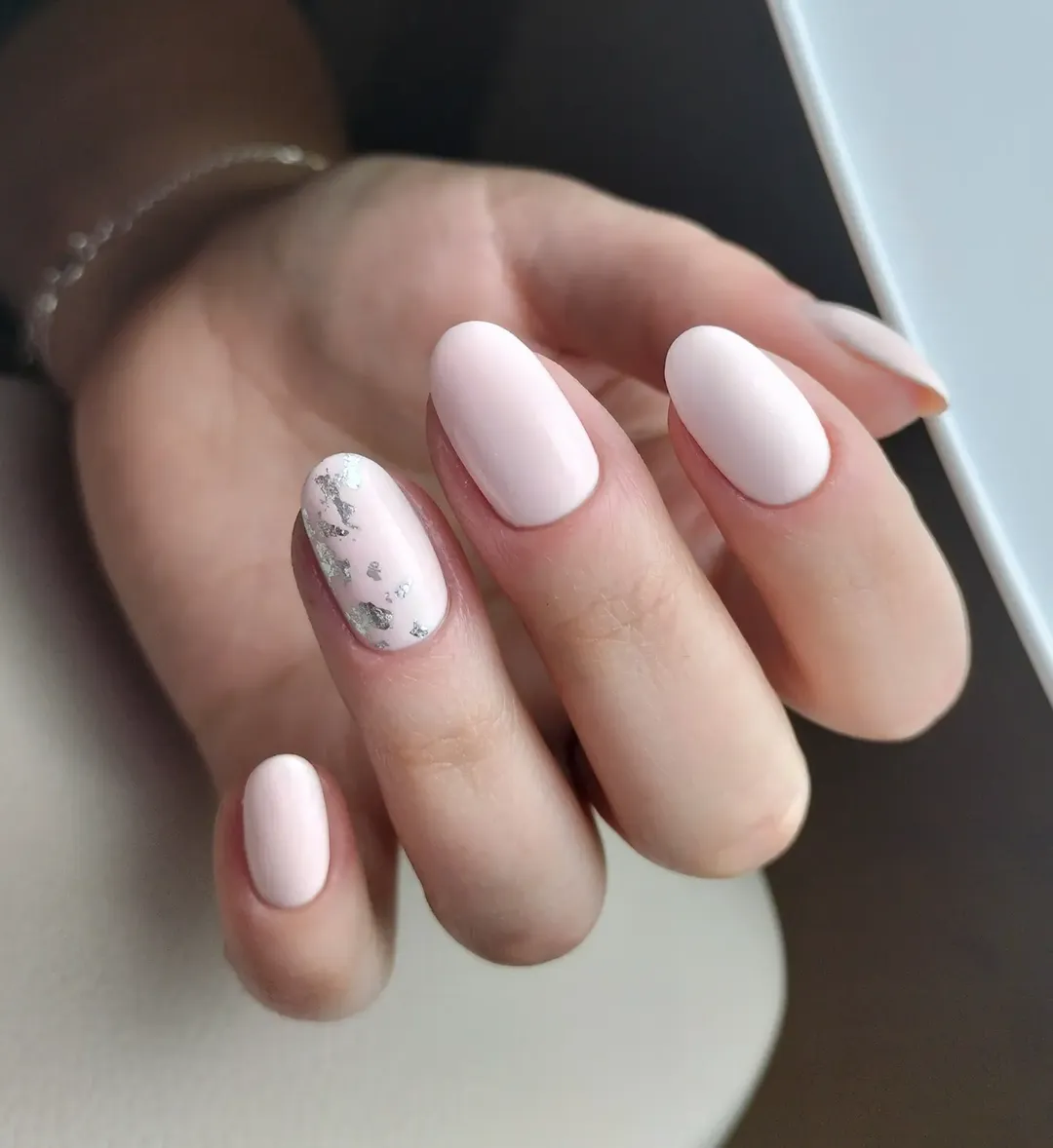 Soft Pink Oval Nails with Silver Foil Accent