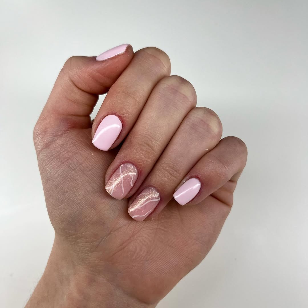 Soft Pink Swirl Glitter Accent Squoval Nails