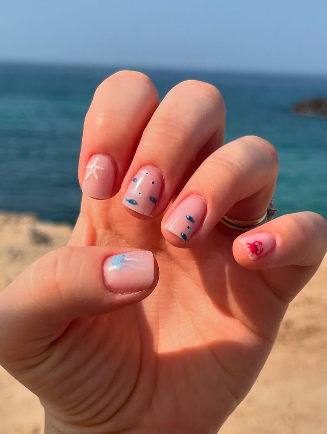 Soft Pink Underwater Themed Hand-Painted Nail Art