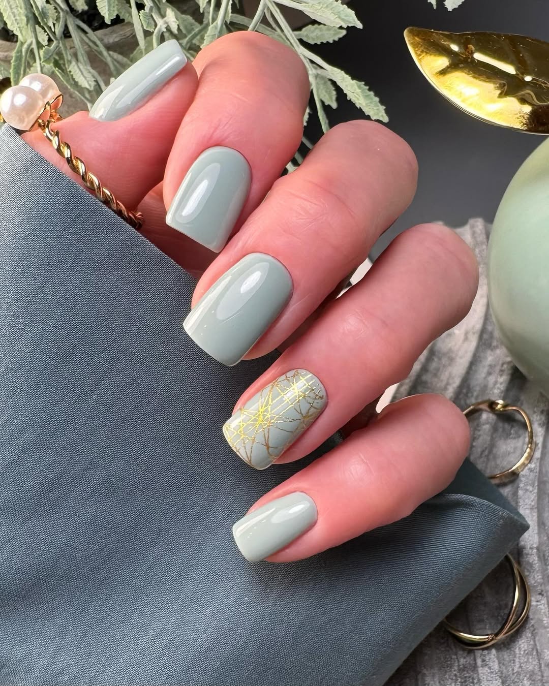 Soft Sage Green Gold Accent Short Squoval Nails