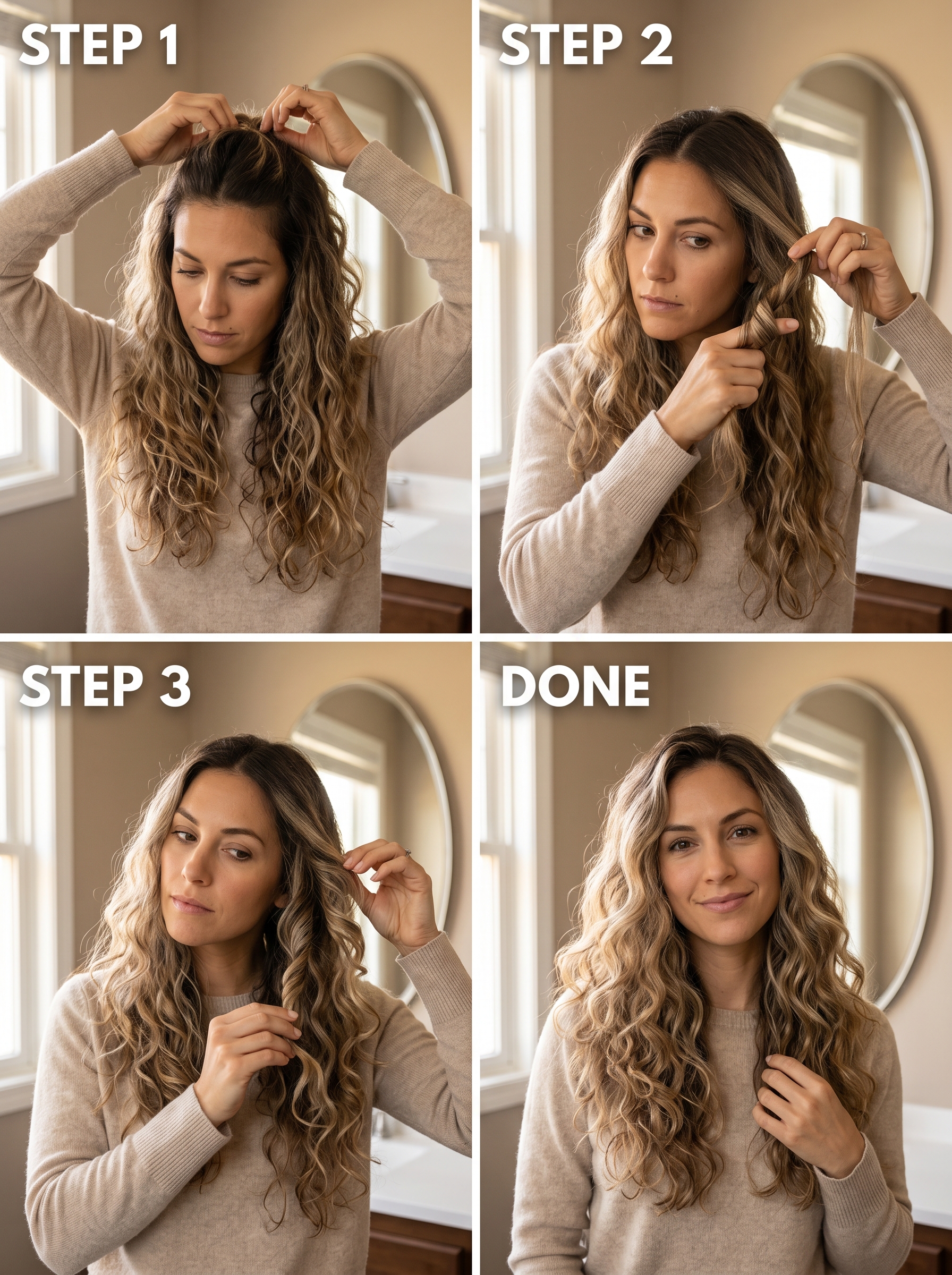 Hair styled in 'Cloud Curls with Oat Milk Balayage', featuring cool blonde and light taupe tones. This ethereal soft summer hair idea is perfect for effortless vacation or casual outings.