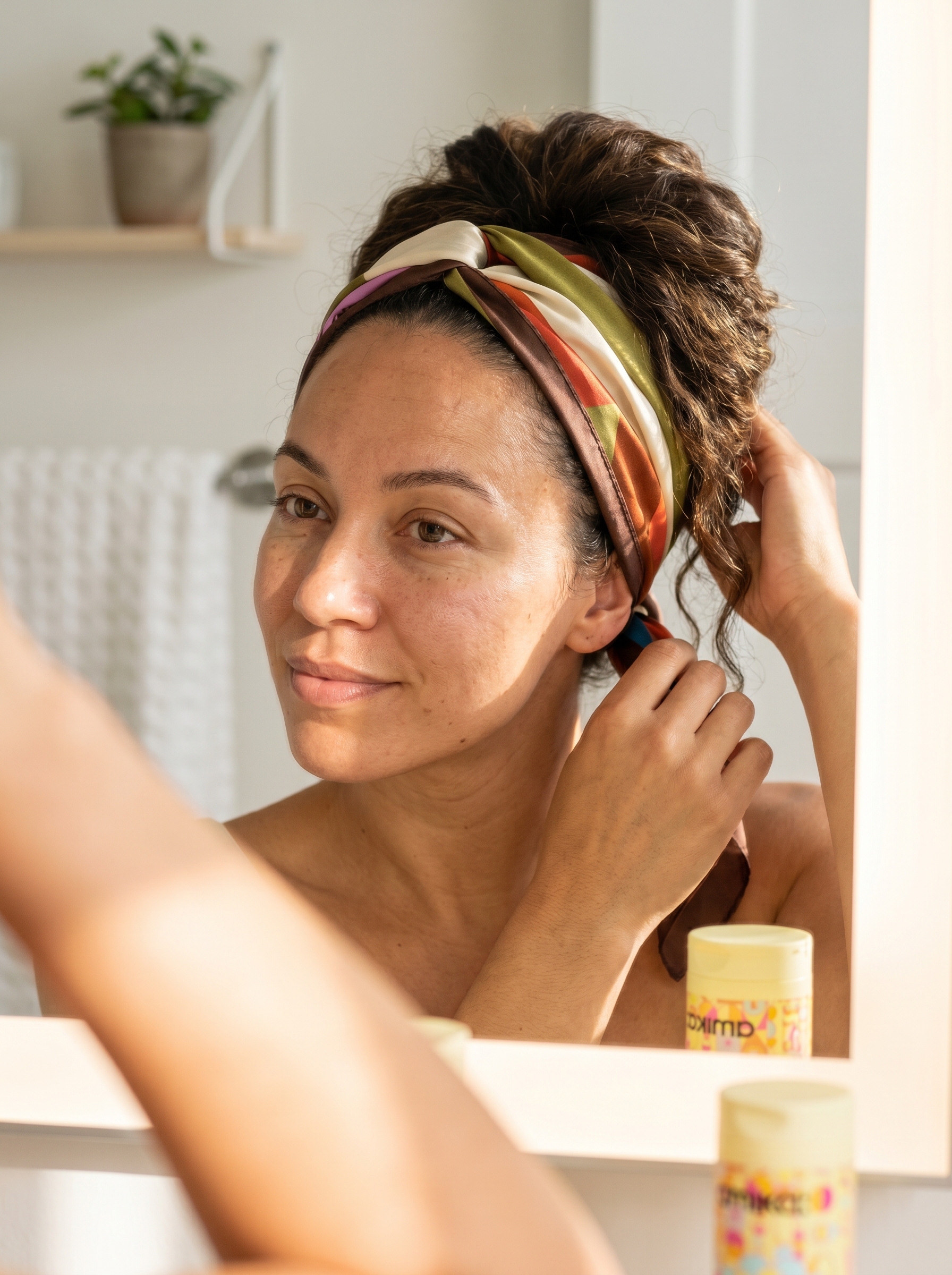 A glamorous woman with a silk headscarf updo, perfect for soft summer hair ideas 2026. This retro resort look features vibrant scarf colors and bobby pins, ideal for a poolside vacation or casual outing.