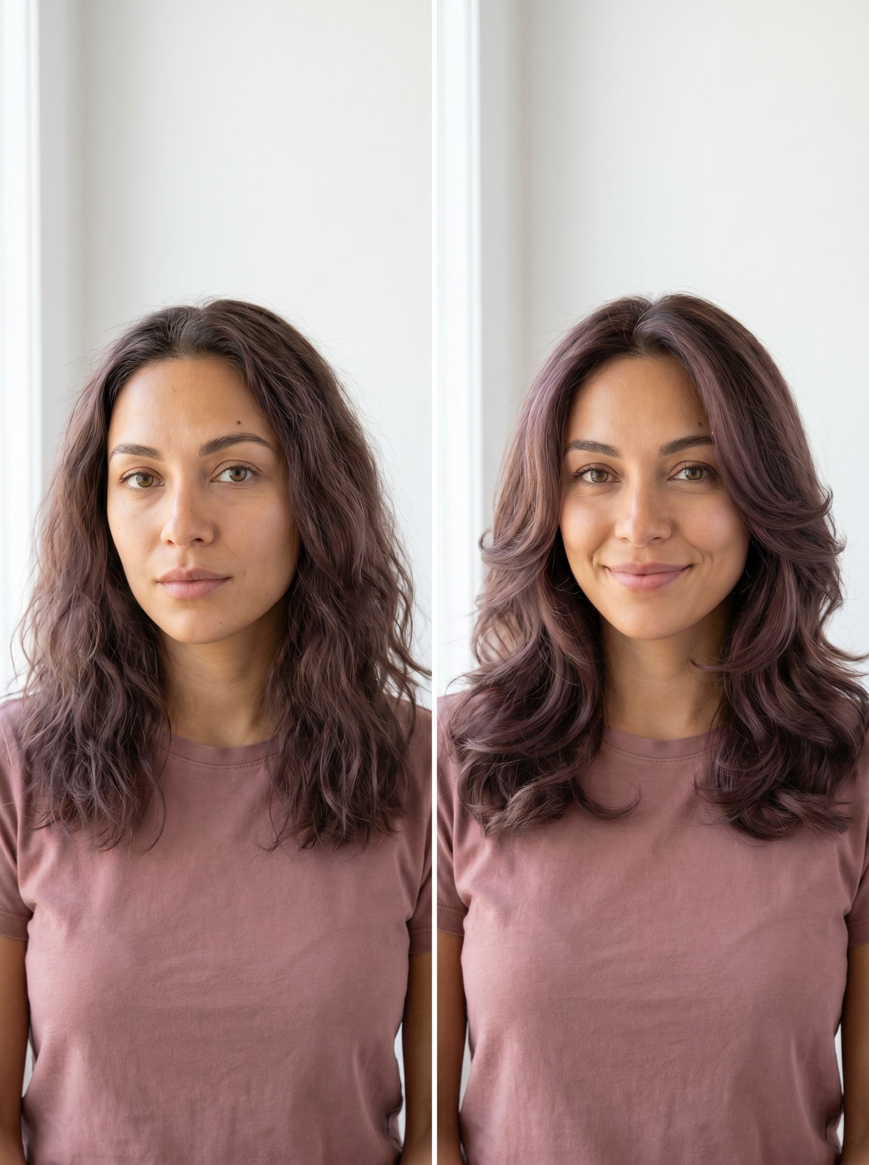 A close-up of hair styled in 'Dusty Rosewood with Internal Layers', showcasing vibrant pink and violet tones. This soft summer hair idea is perfect for a sophisticated everyday look or a special night out.