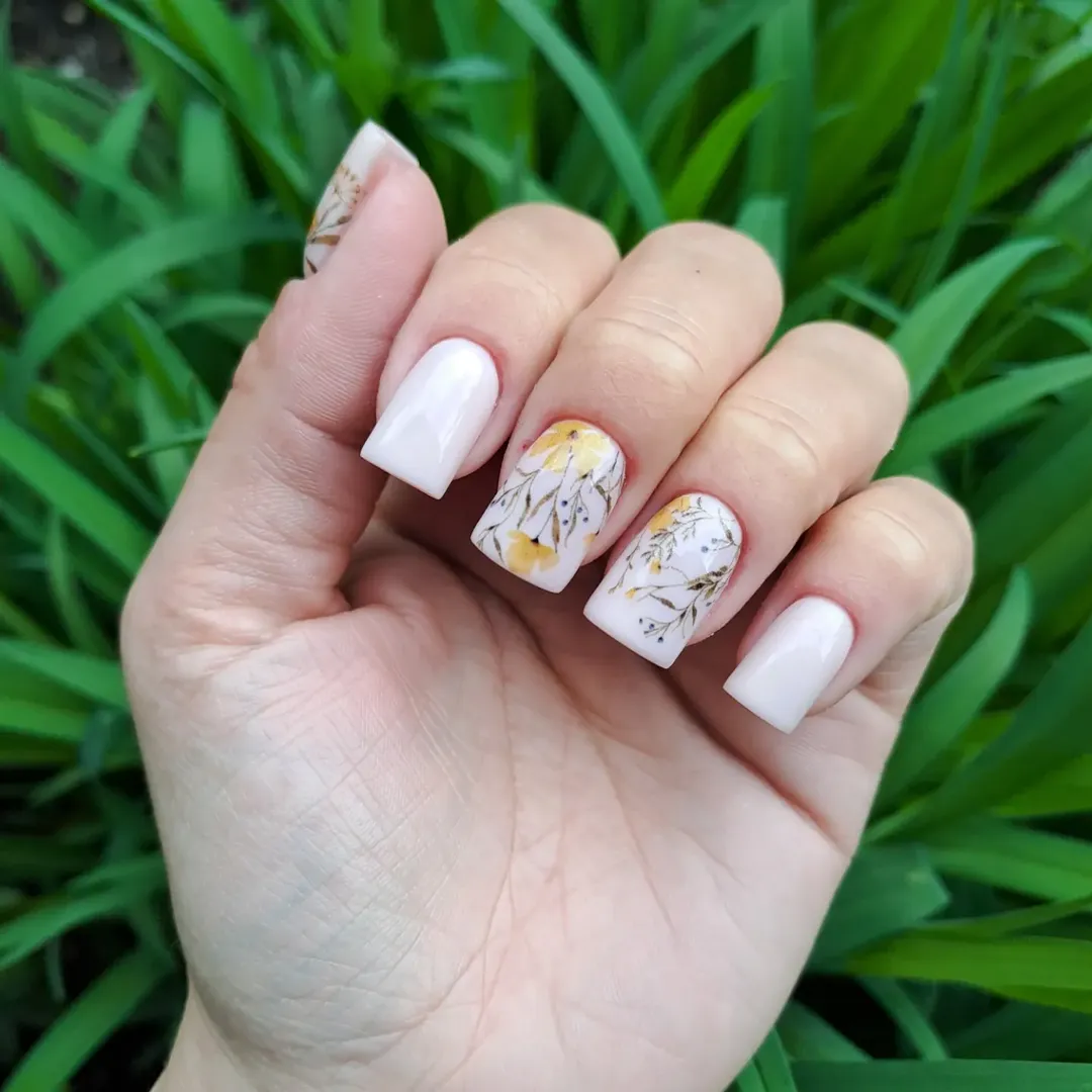 Soft White Botanical Hand Painted Floral Square Nails