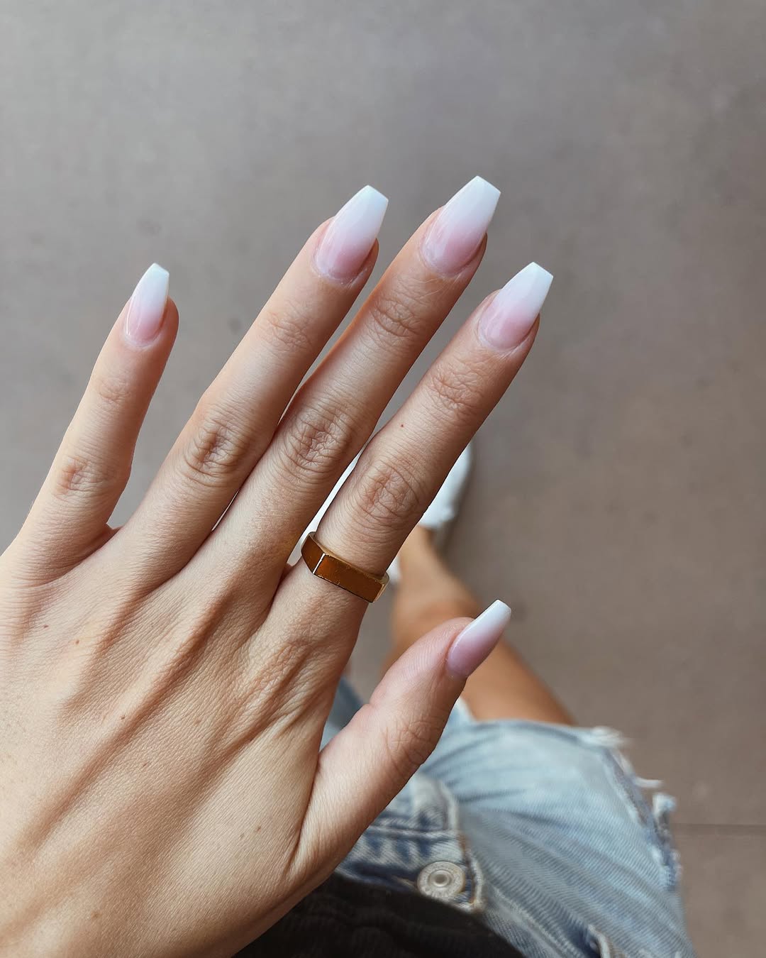 Soft White Ombre Coffin Nails with High Gloss