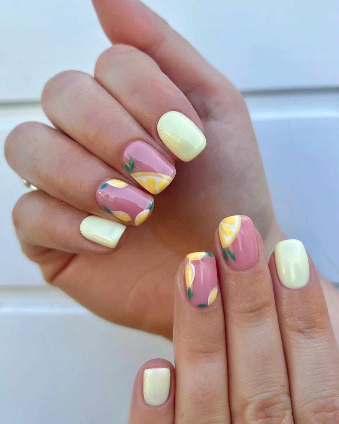 Soft Yellow and Pink Lemon Fruit Summer Nails