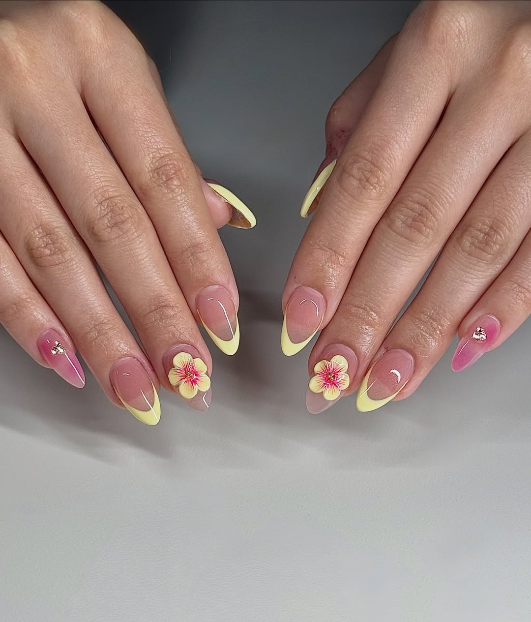 Soft Yellow French Tip 3D Floral Almond Nails