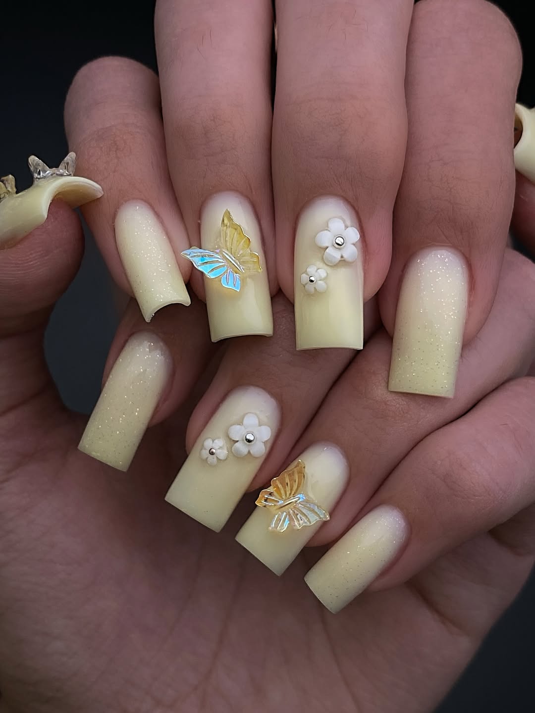 Soft Yellow Glitter Square Butterfly Nails
