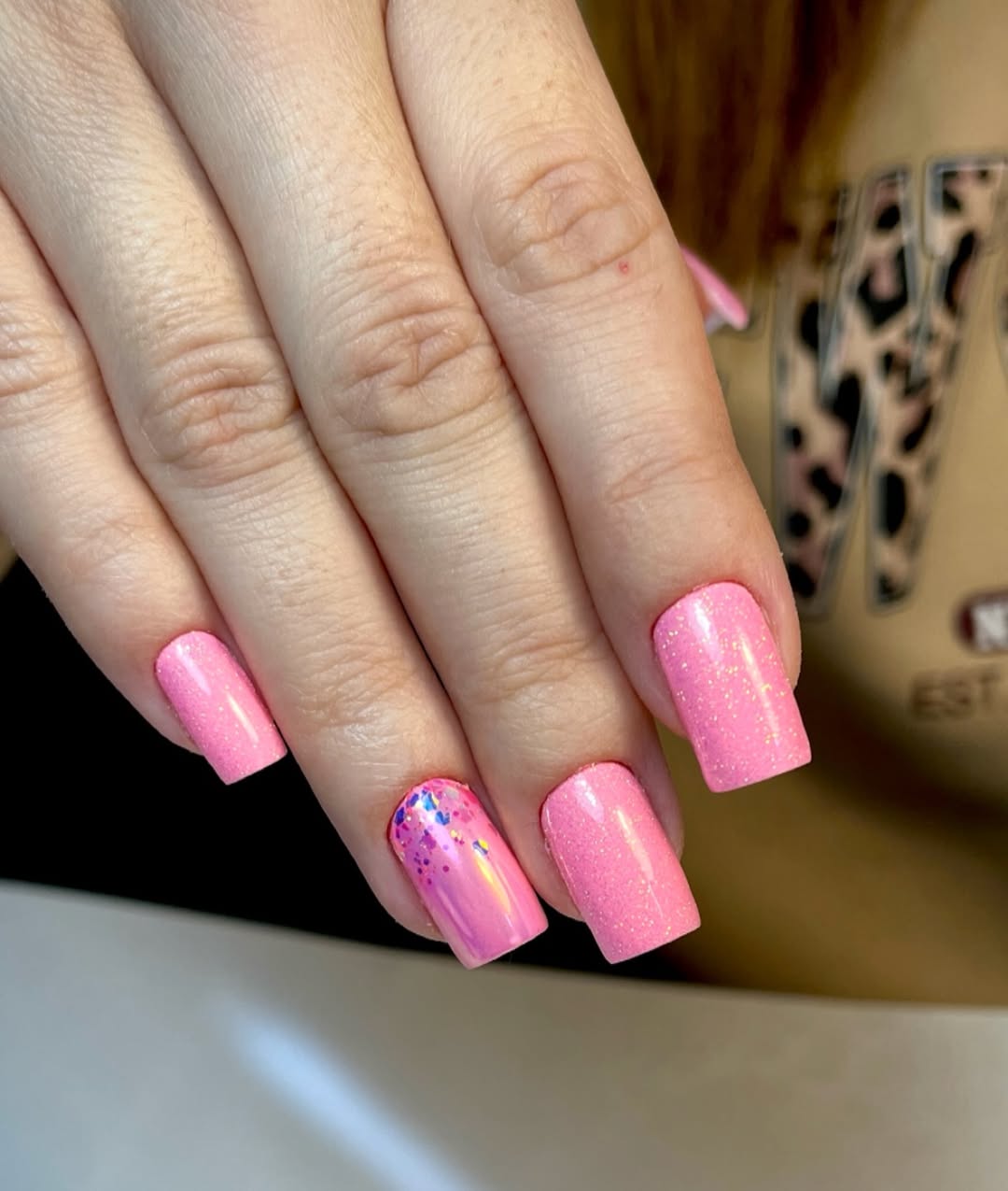 Sparkly Pink Square Nails with Iridescent Flakes
