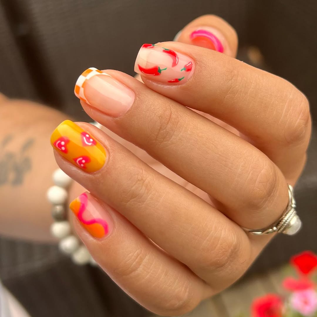 Spicy Chili Hearts And Checkerboard French Tips