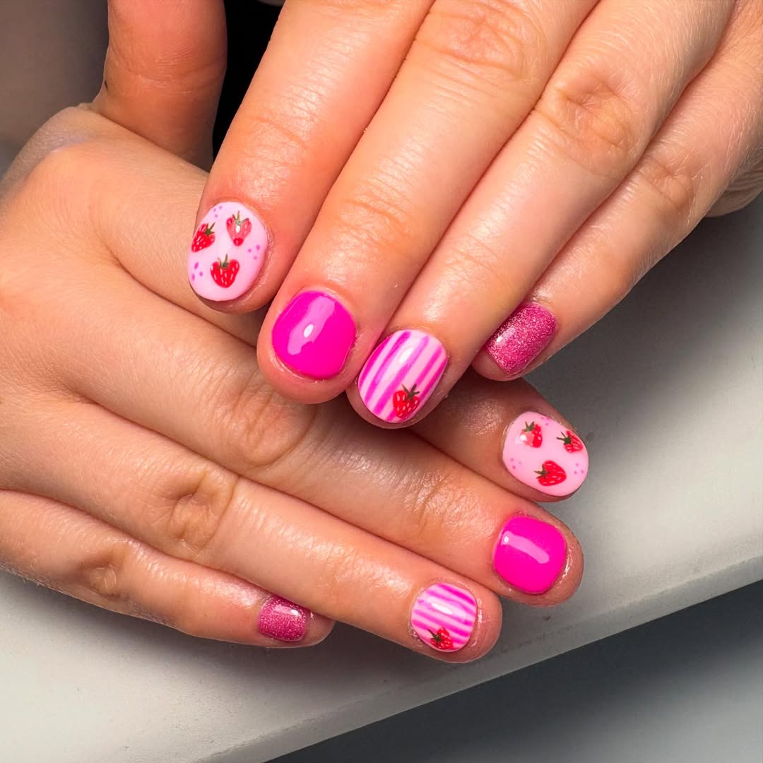 Strawberry Stripe Pink Summer Fun Nails