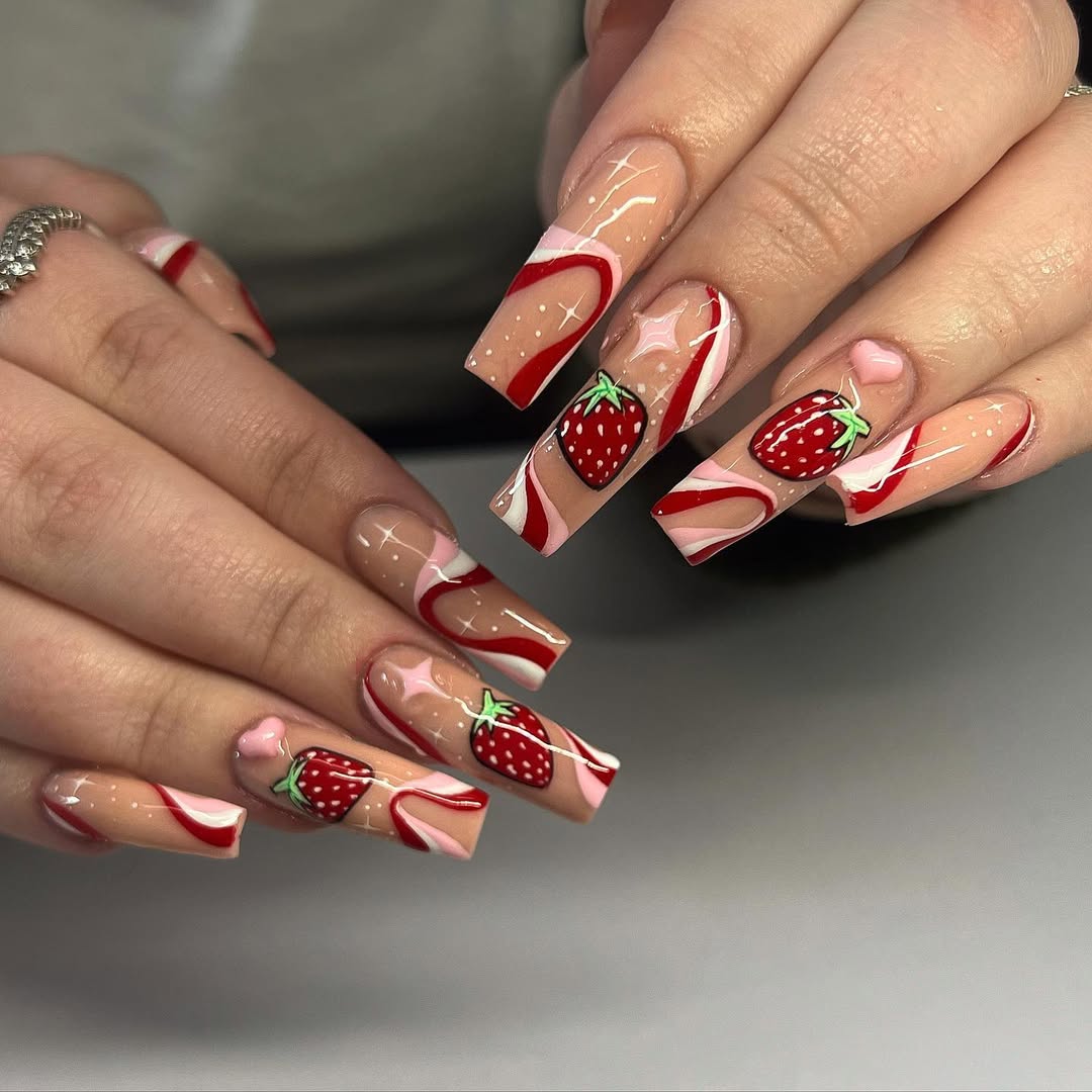 Strawberry Swirl Long Coffin Nails With 3D Hearts