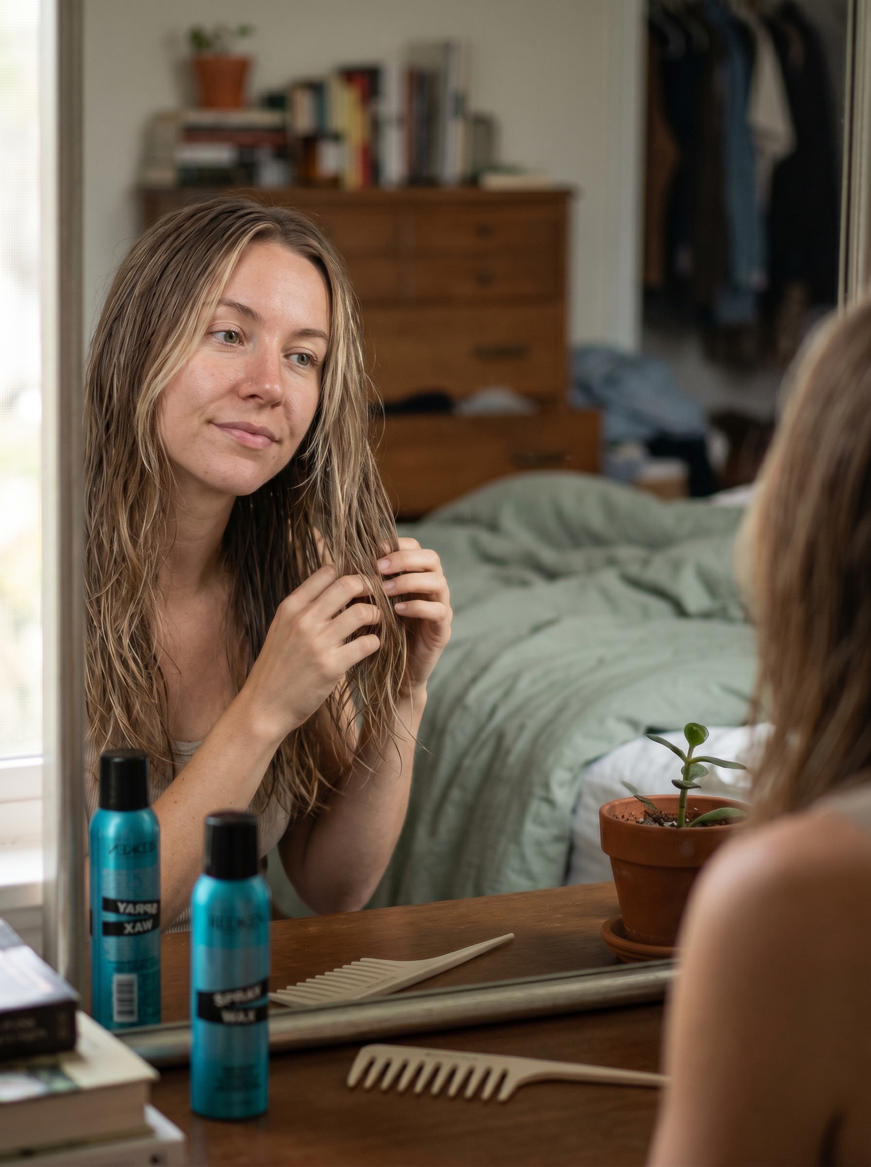 Model with a Butterfly Shag and Air-Dry Waves, showcasing an effortless mushroom bronde hair color with sun-bleached face frames, a natural summer beach hair idea for 2026. Styled with air-dry styling foam.