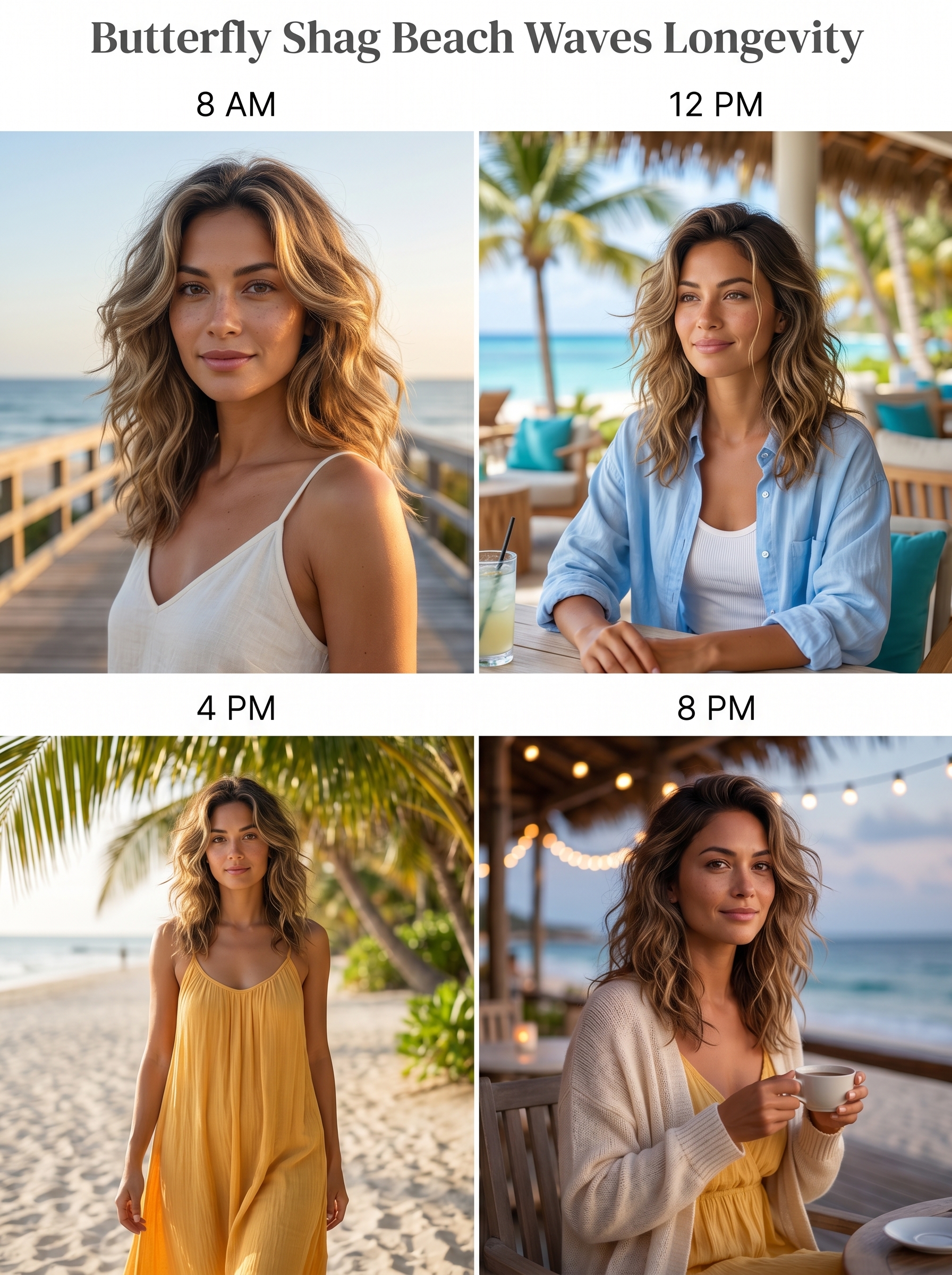 Voluminous Butterfly Shag Beach Waves on any hair color, an effortless and bohemian summer beach hair idea for 2026. Features texture from lightweight air-dry foam and UV protection, suitable for casual outings.