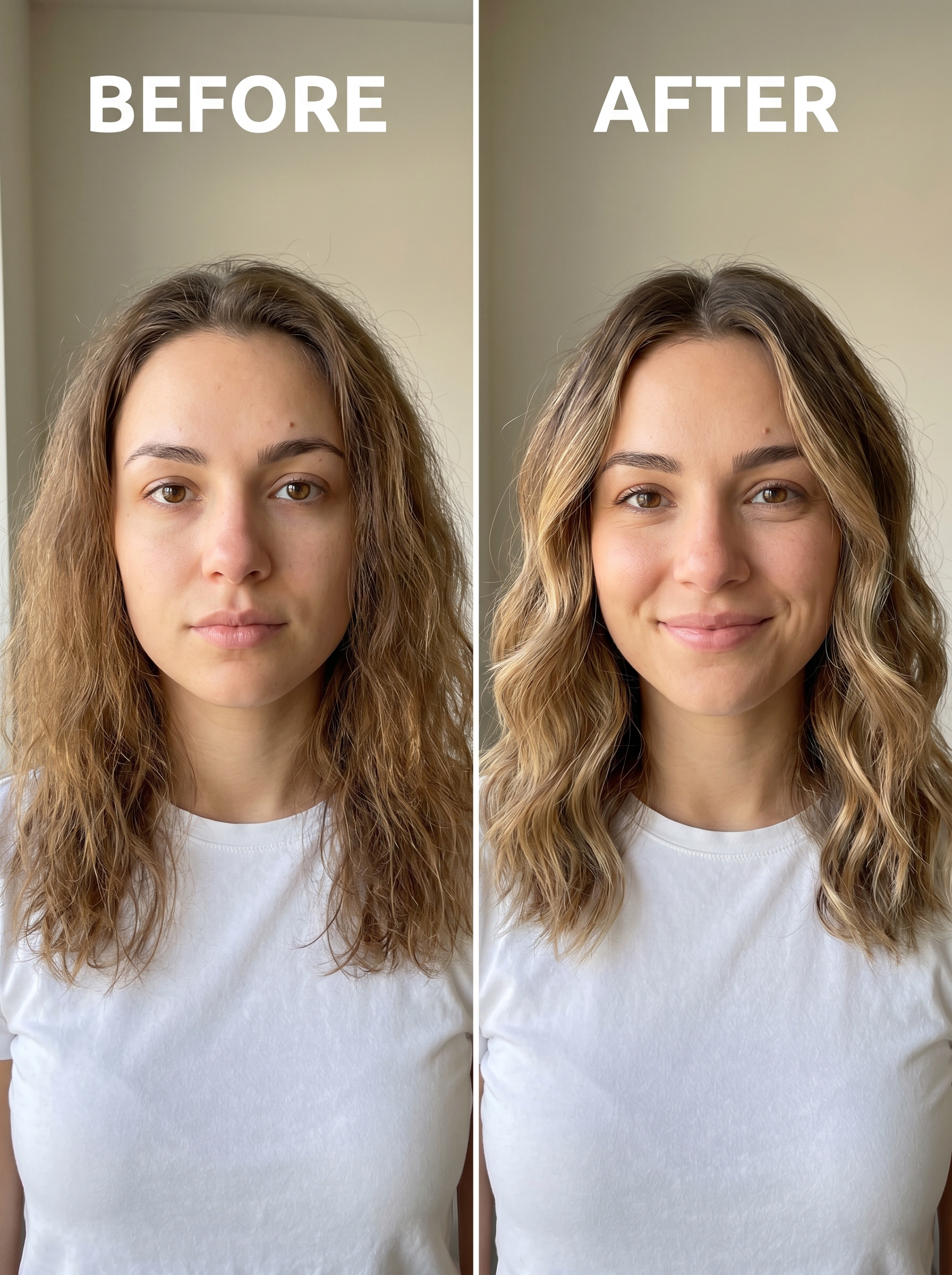 Close-up of a model with sun-bleached face frame waves, showcasing a 'clean girl' aesthetic, perfect for everyday summer beach hair ideas 2026. Hair features purple-toned blonde, clear texturizing spray, and UV protection.