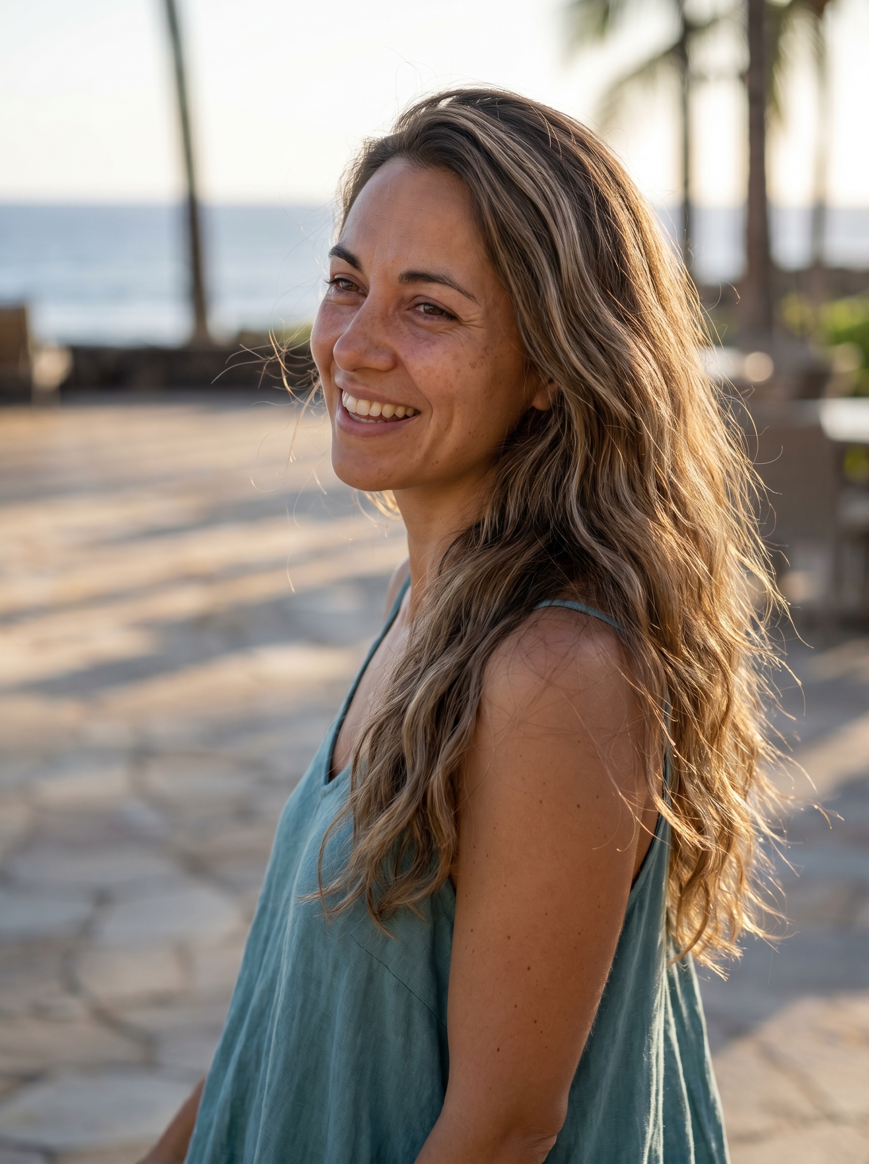 Model showcasing 'Plopped' Mushroom Bronde Waves, an effortless, natural summer beach hair idea for 2026. Hair in a mushroom bronde shade, styled using a microfiber towel for plopping and an anti-humidity finishing spray for daily wear.