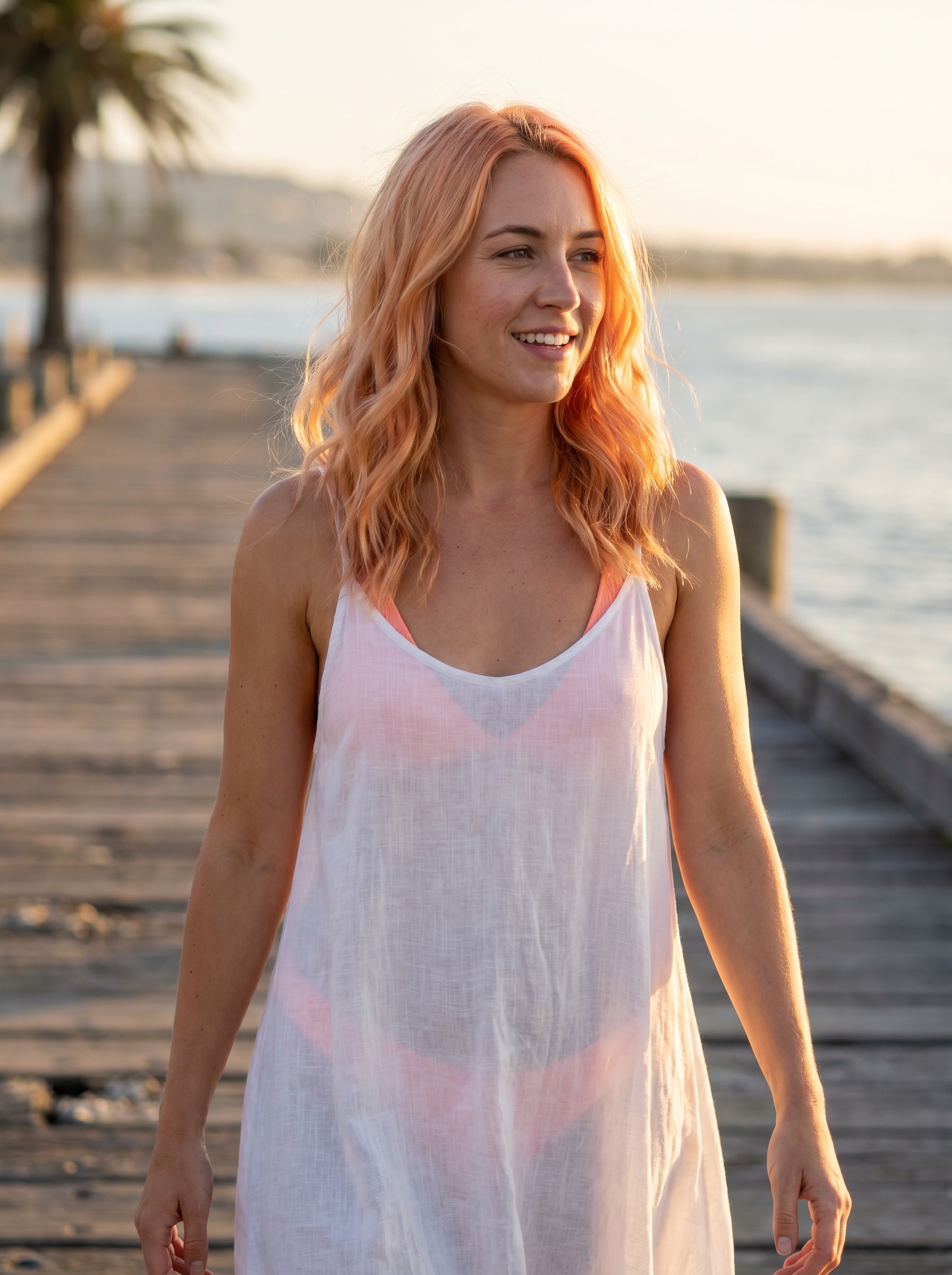 A glamorous model with hydro-gloss nectarine waves, a radiant beach hair idea for 2026. Hair is a golden peach nectarine blonde, styled with a high-shine glossing mist and a 1.5-inch barrel waver, ideal for resort wear.