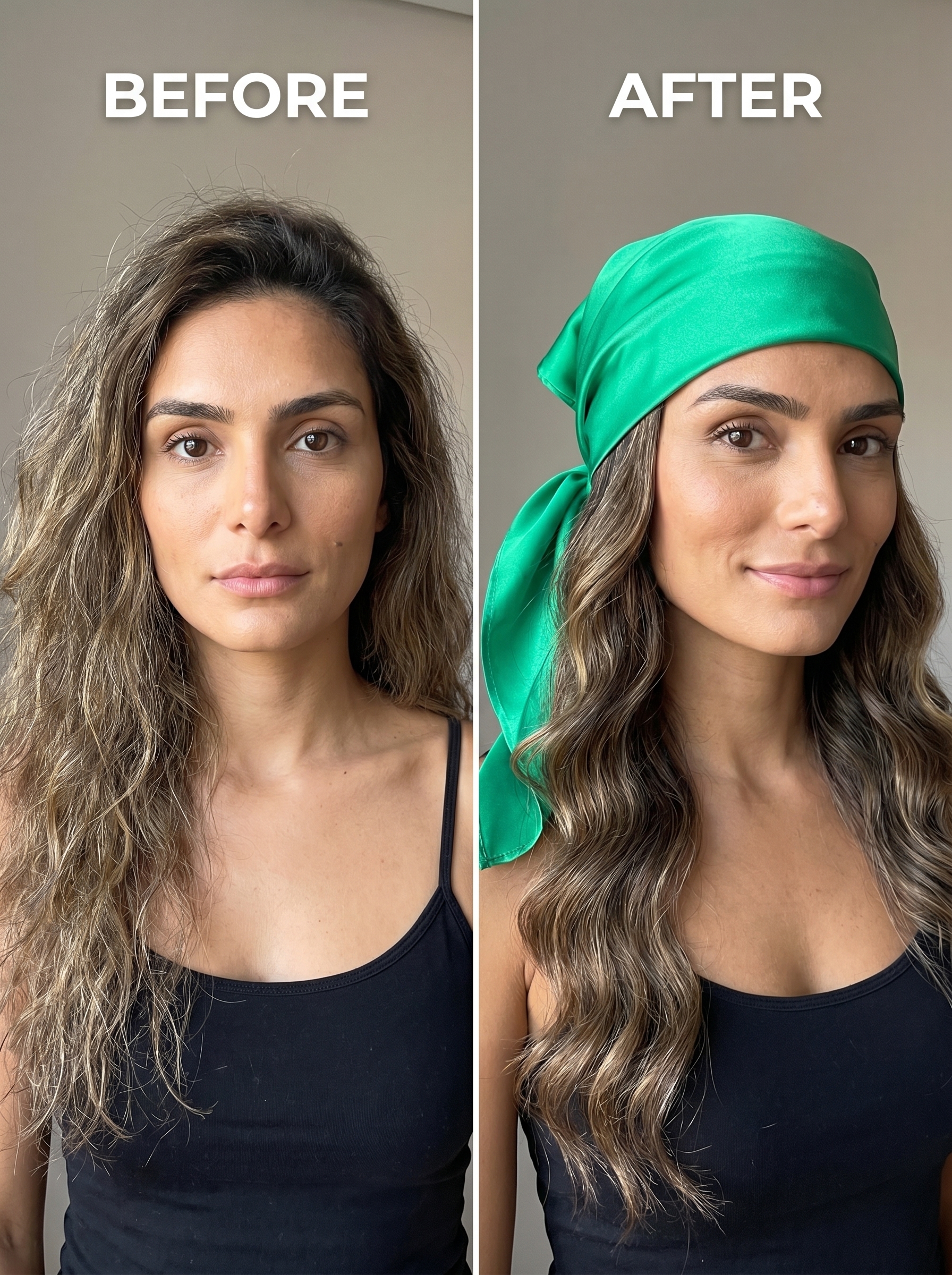 An elegant Mediterranean Muse Silk Waves hairstyle, perfect for chic summer beach hair ideas 2026. This relaxed look on mushroom bronde hair is accented with a large silk scarf.
