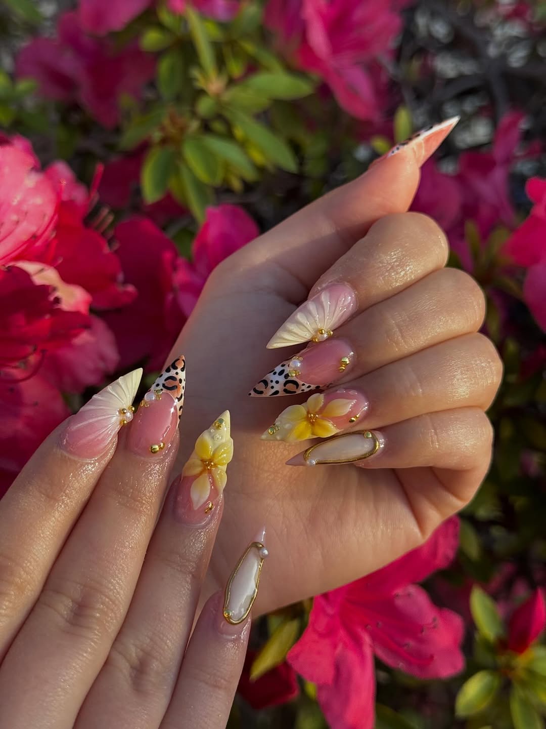 Summer Bloom 3D Stiletto Nails with Animal Print Accents