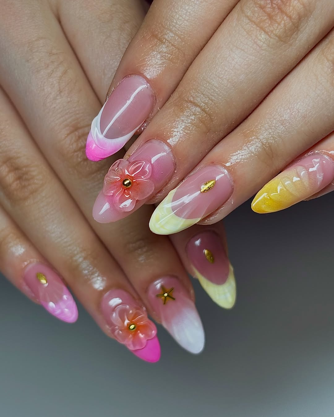 Summer Bloom Ombre French Tips with 3D Flowers