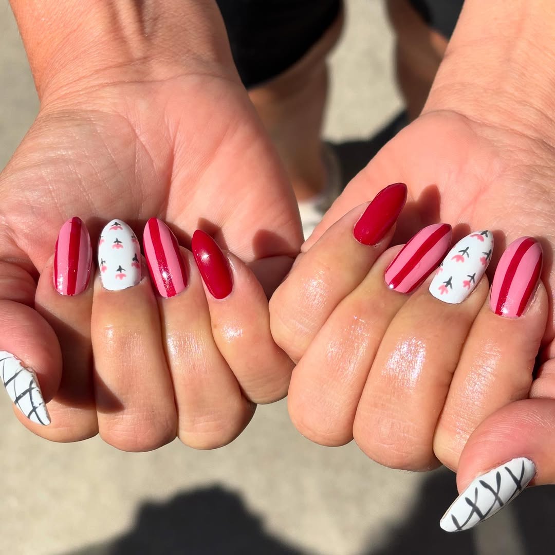 Summer Bloom Red and Pink Playful Almond Nails
