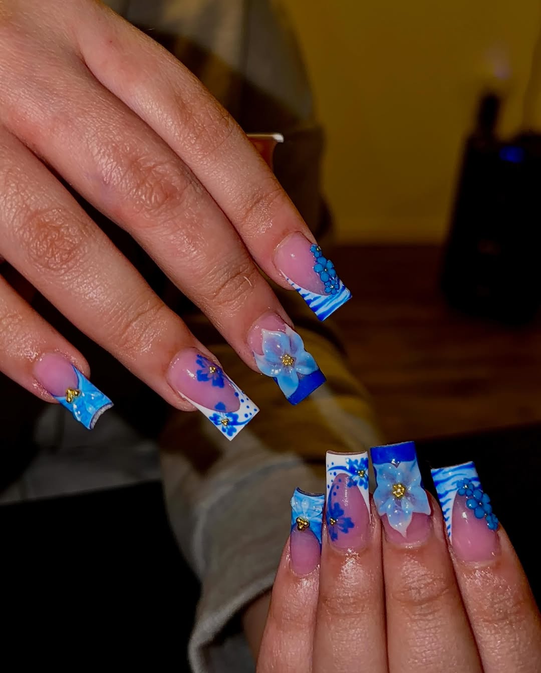 Summer Blue Floral French Tips with 3D Art
