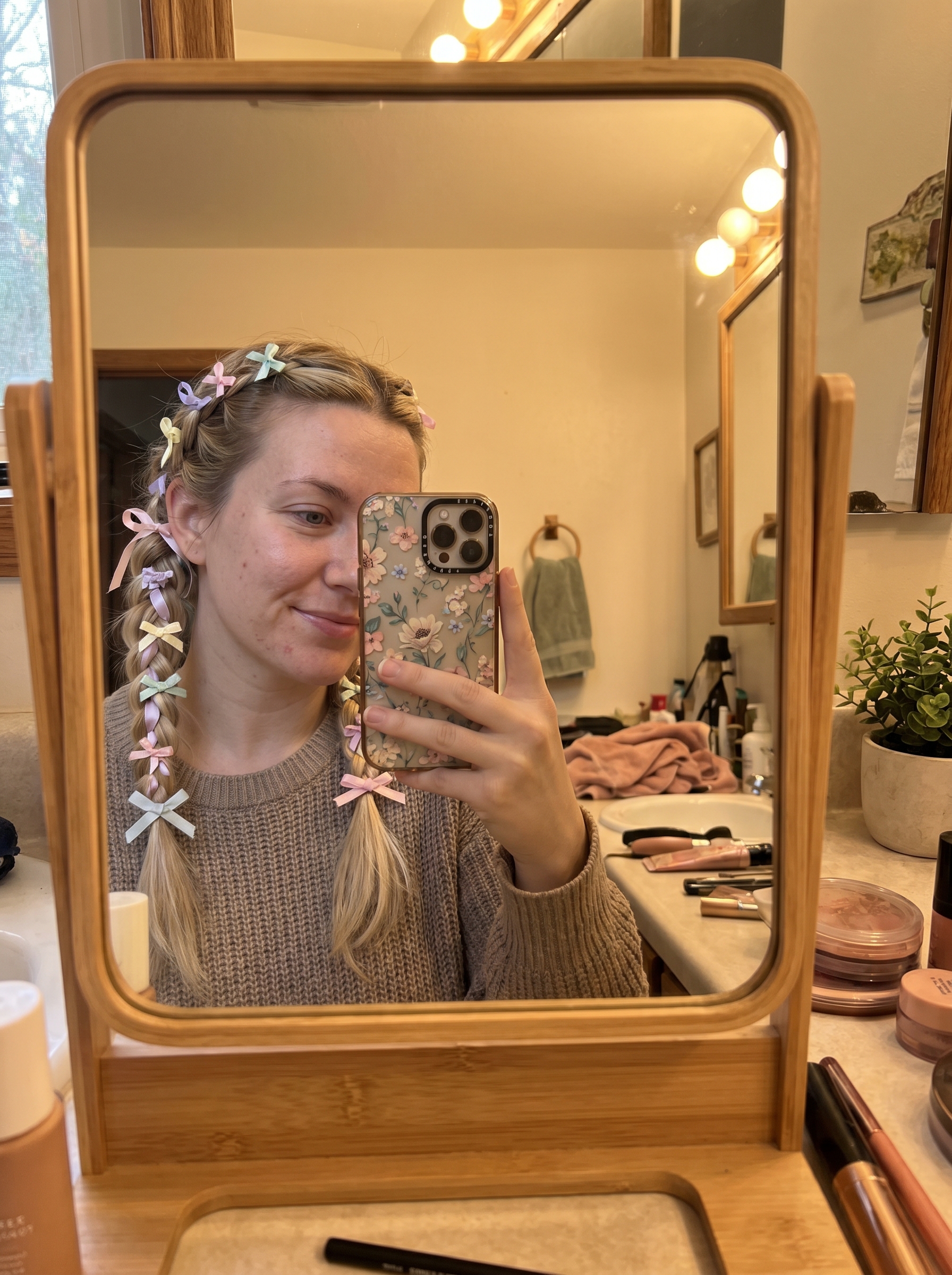 Romantic Digital Coquette Ribbon-Laced Milkmaid Braids with glitch-pastel streaks, a playful twist on summer braids ideas 2026 for everyday or beach outings.
