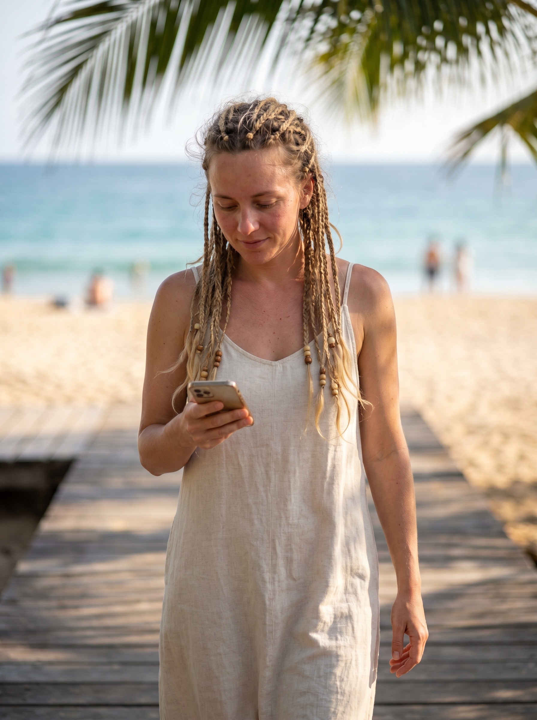 Earthy, deconstructed braids in raw honey monochrome and mushroom blonde, with wooden beads, ideal for a beach day or casual outing. Light hold texturizing spray creates a windswept look.