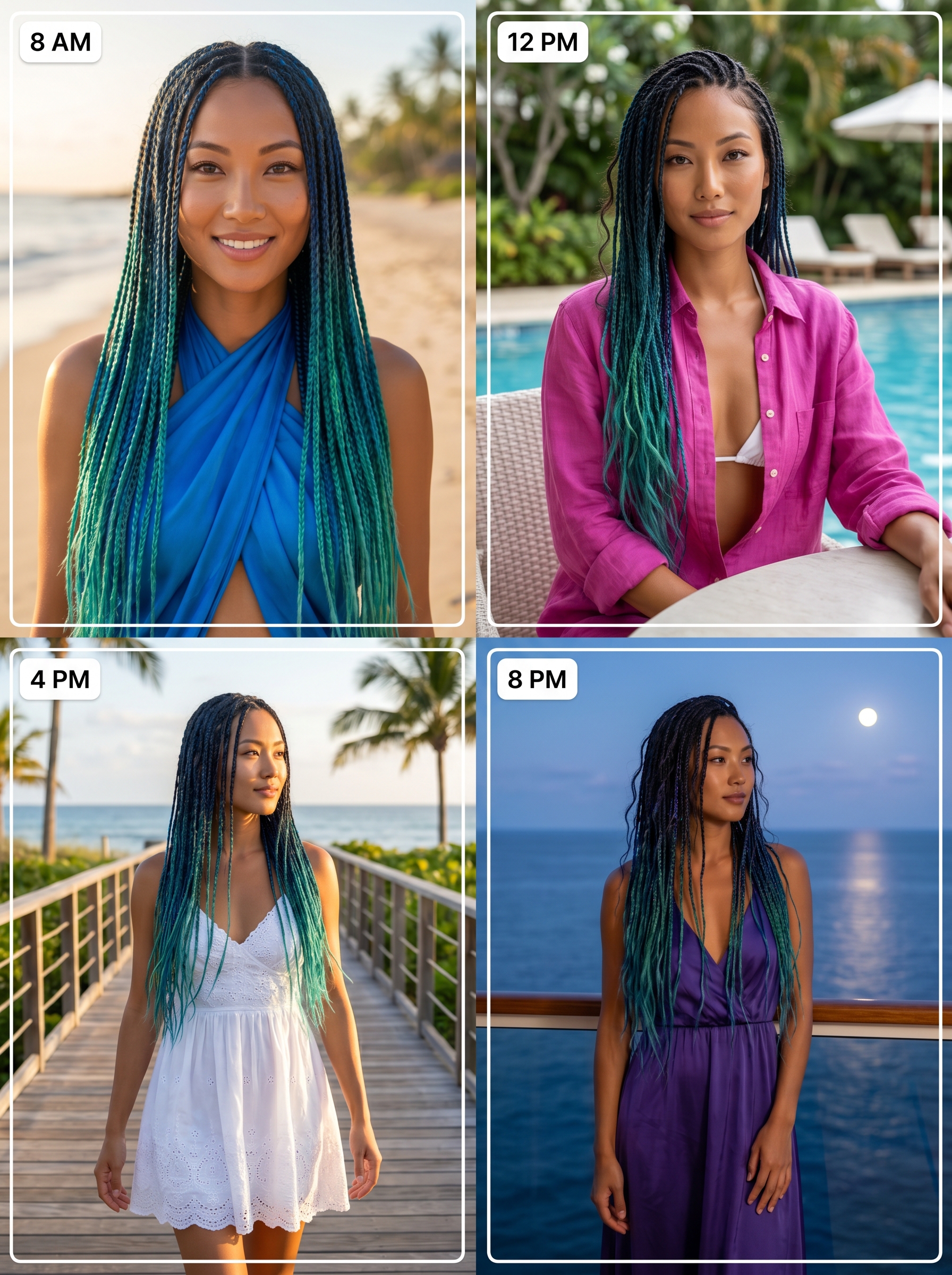 Vibrant Hydro-Braided Horizon style with plum, orange, and peach ombré synthetic hair, featuring a high-shine finish. Ideal for a beach day or festival. UV protection mist used.