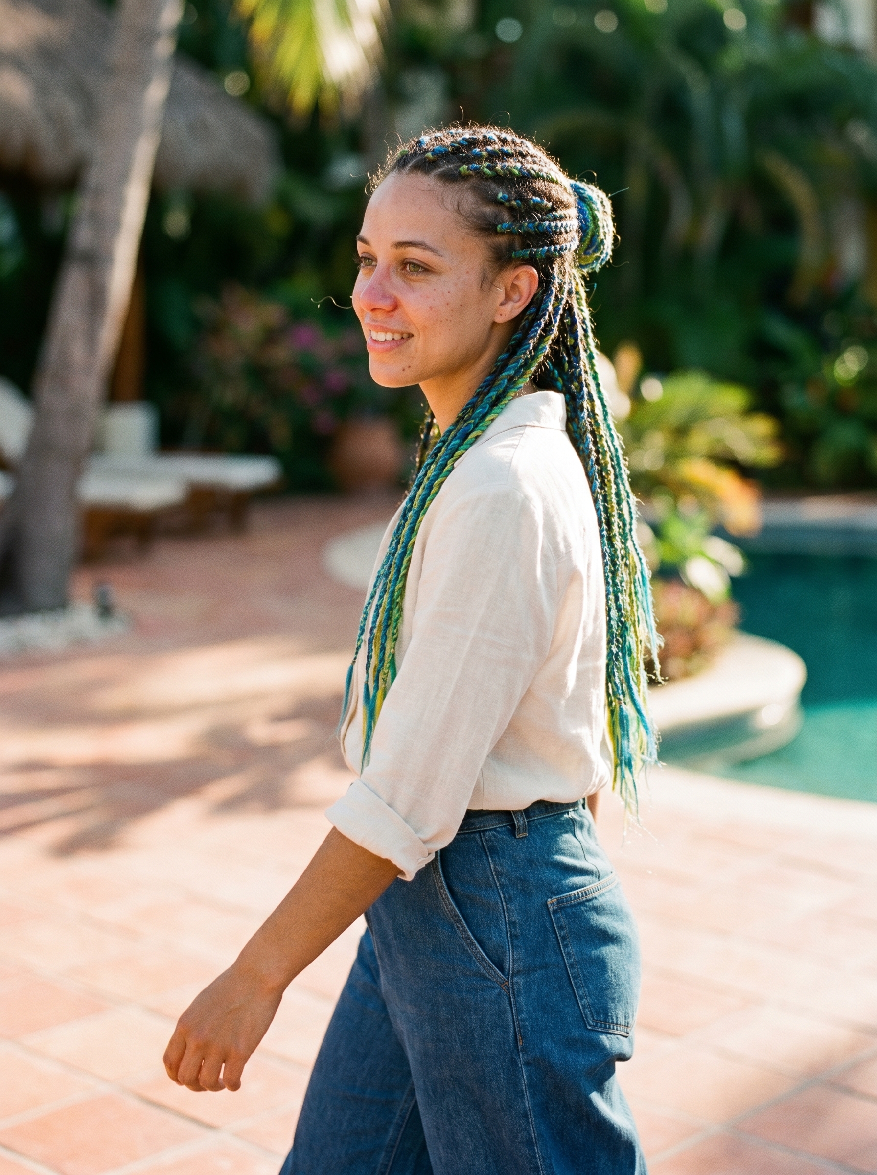 Artistic Hydro-Dipped Ends Tapestry Threaded Plaits with glitch-pastel streaks, a bohemian summer braids idea 2026 for festivals or beach days.