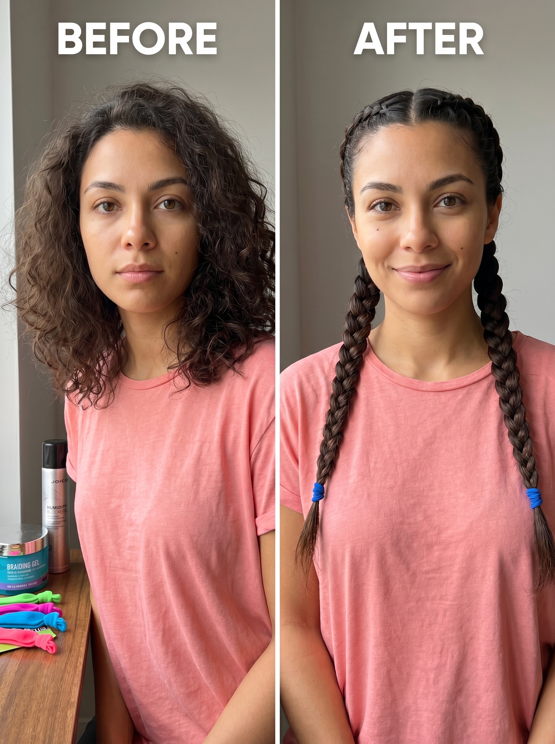 Energetic retro-sport double Dutch braids in glitch-pastel streaks and solar flare copper tones, secured with neon elastic hair ties. Ideal for sport or active days.