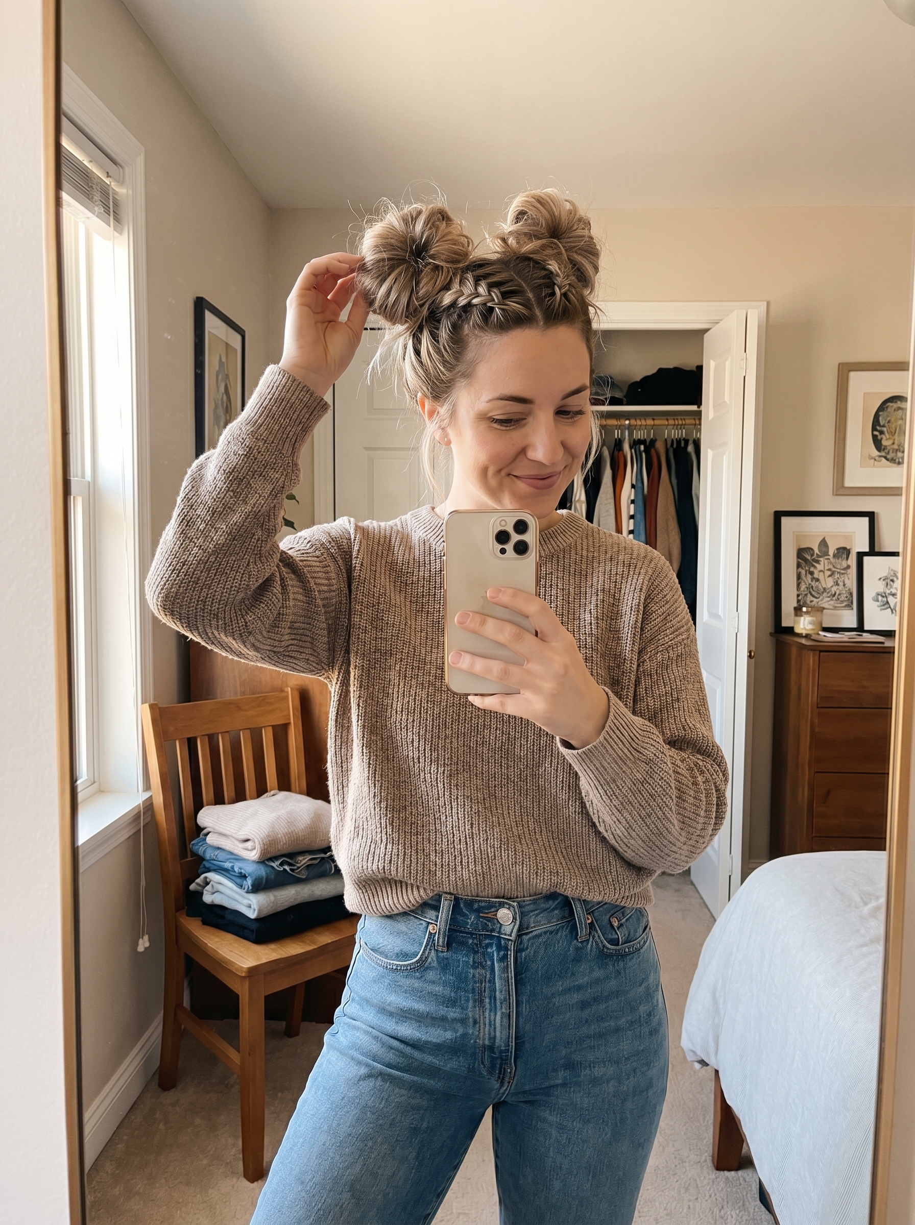 Sophisticated reverse French feed-in braids in mushroom blonde and natural hair, perfect for a casual outing or active day. Lightweight pomade and hairspray used for sleekness and texture.