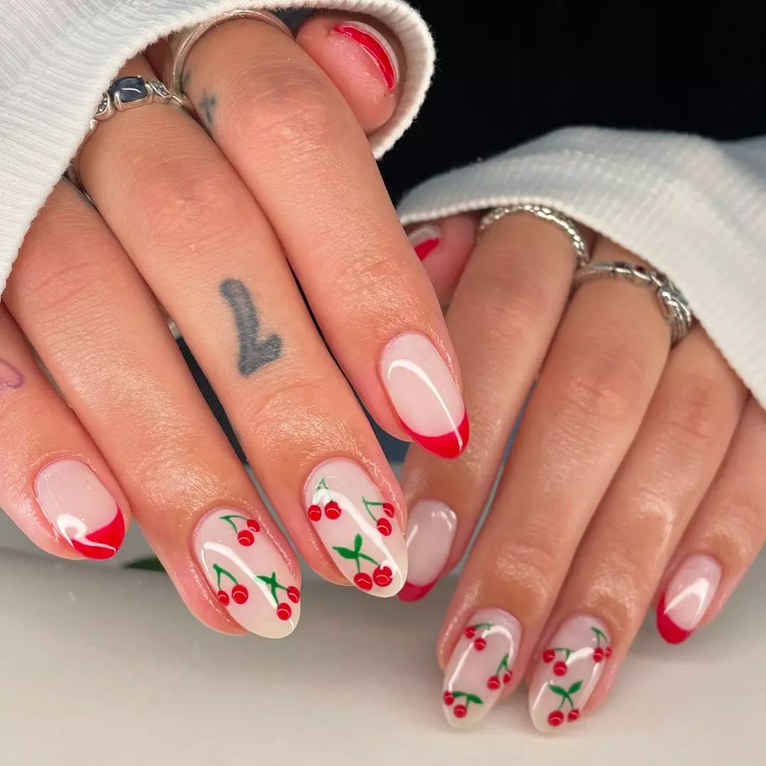Summer Cherry Red French Tips and Fruit Art