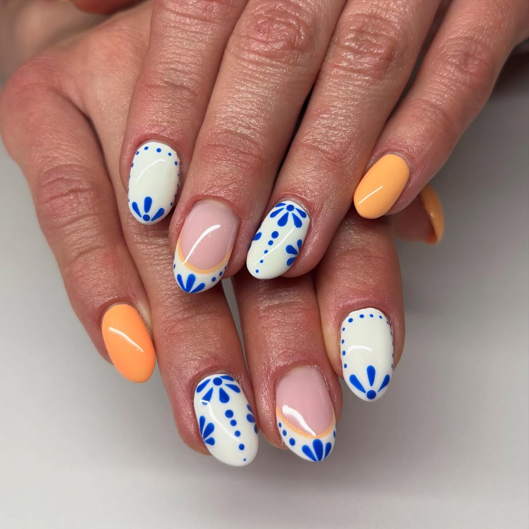 Summer Citrus Blue Floral Oval Nails