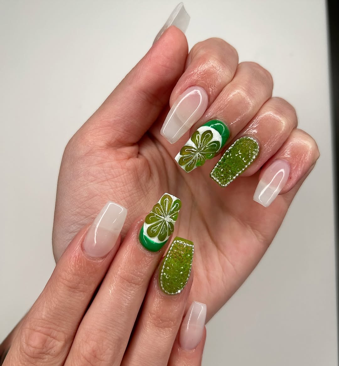 Summer Citrus Green Coffin Crystal Embellished Nails