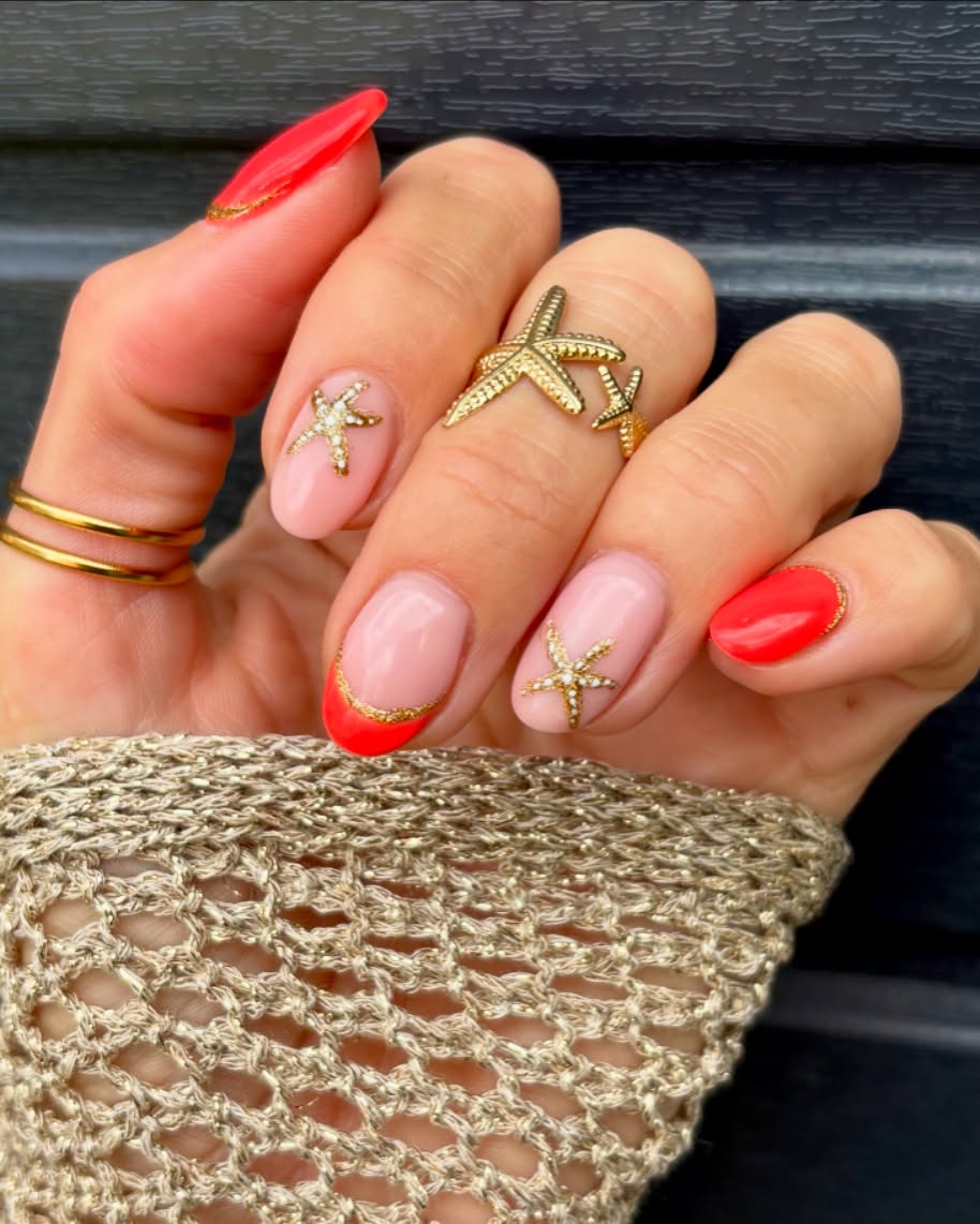 Summer Coral French Tips with Starfish Accents