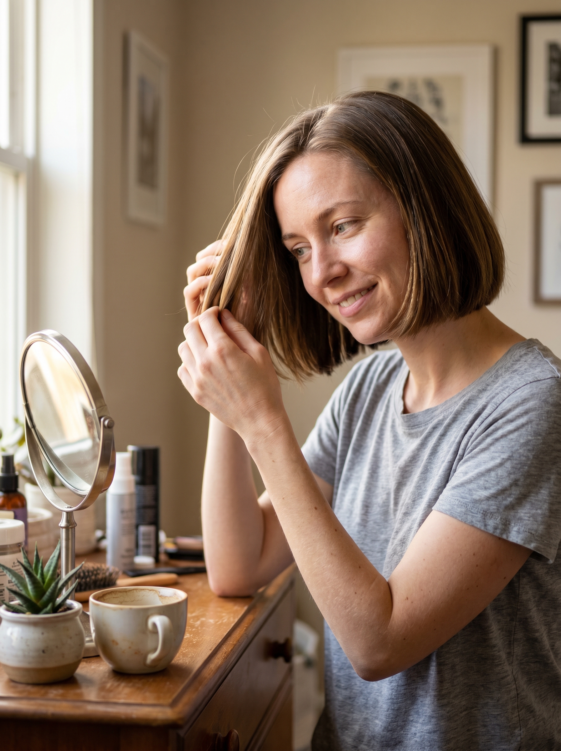 Sleek Hydro-Bob with Halo Highlights in Mushroom Bronde for summer curly hairstyles 2026. A modern, refined look for work or date night.