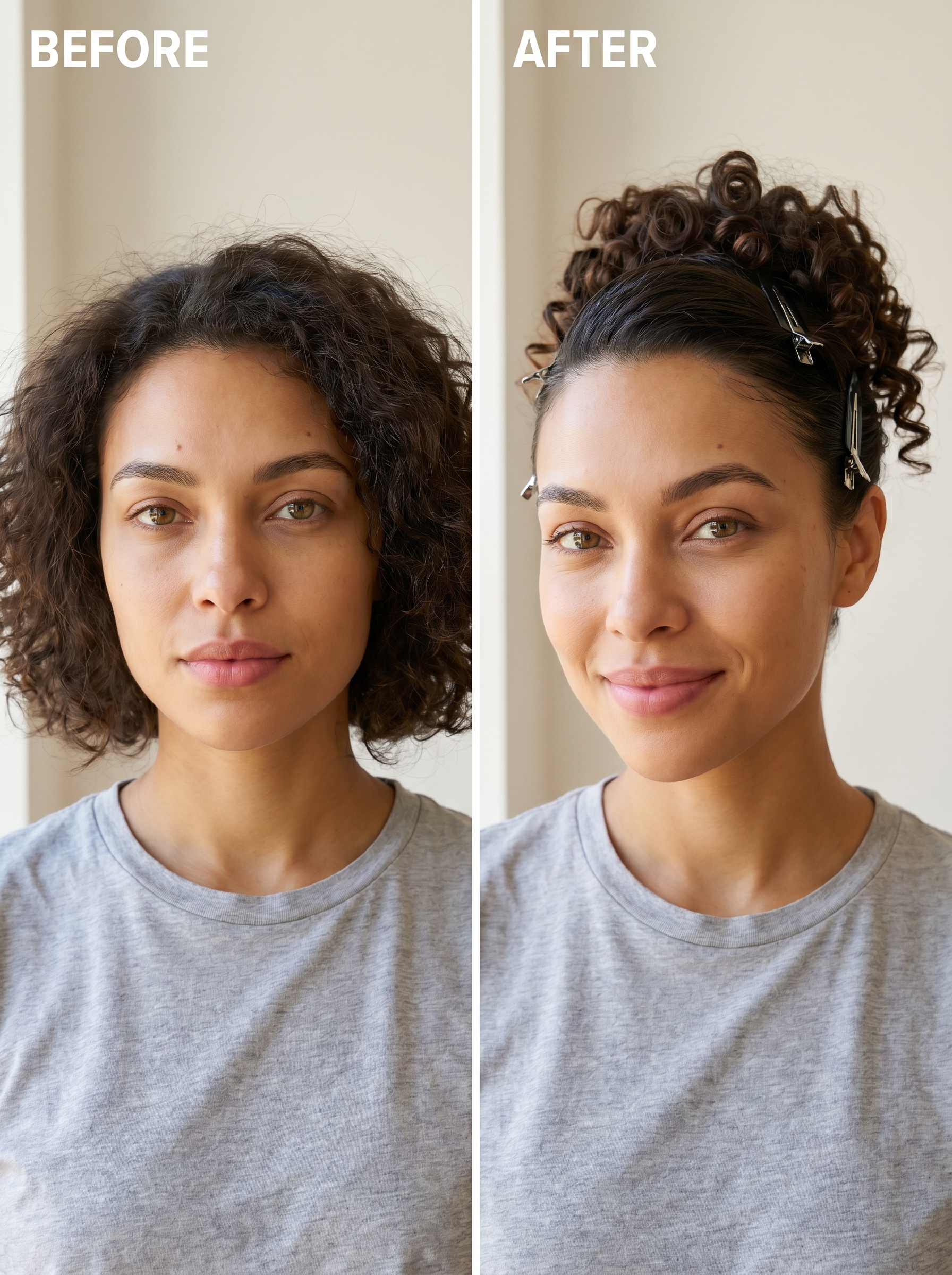 Chic sculpted pineapple updo for summer curly hairstyles 2026, featuring sleek edges with chrome clips on dark hair. Perfect for gym, beach, or party.