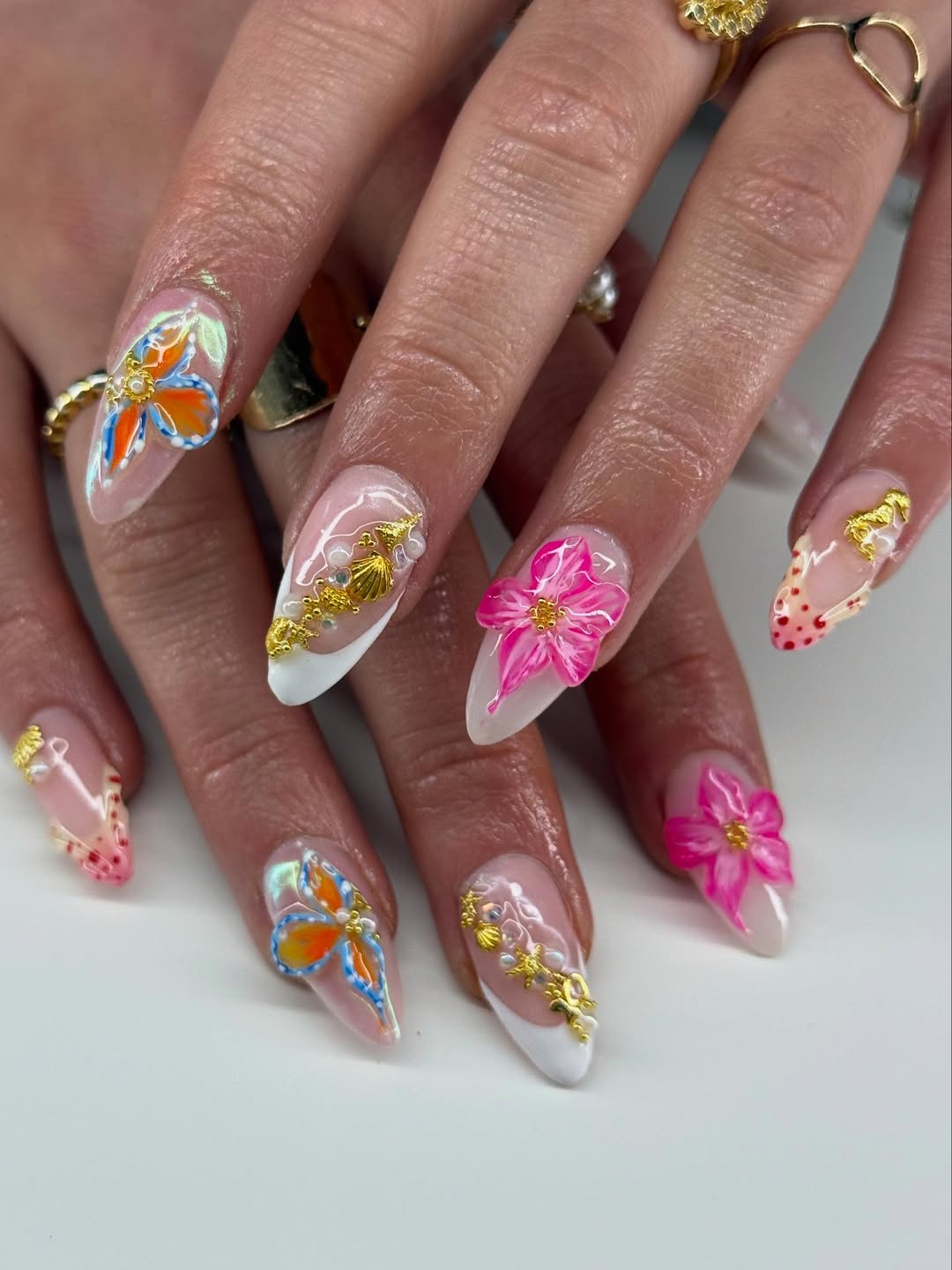 Summer French Tips with 3D Butterflies and Flowers