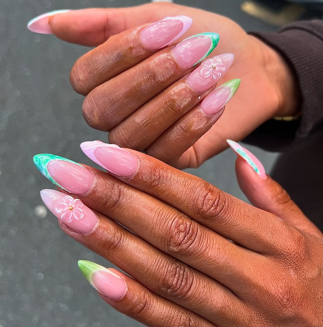 Summer French Tips with Pastel Swirls and 3D Flowers