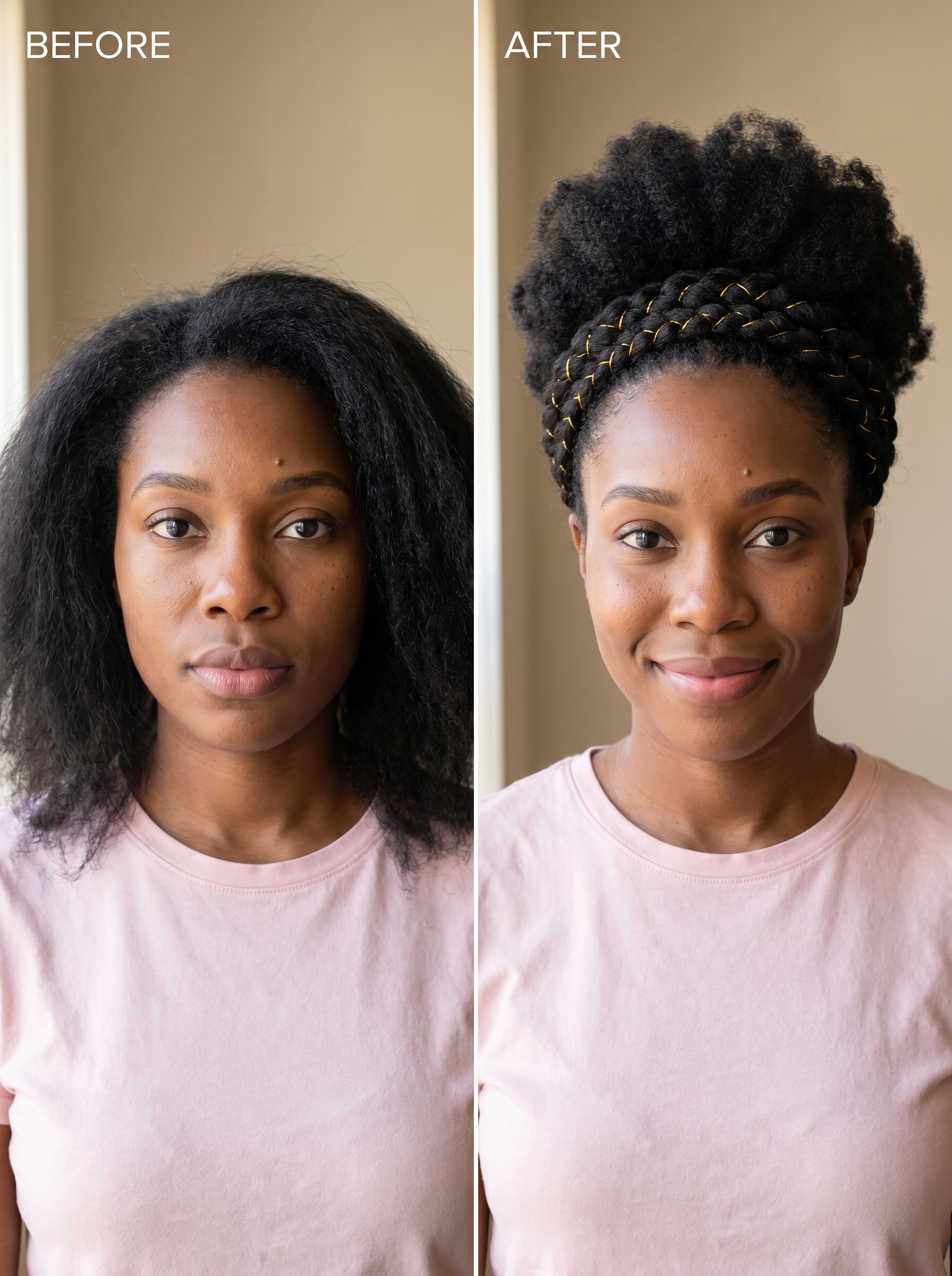 Natural afro-puff style with 'Halo' headband braids adorned with gold thread, a charming option for summer hairstyles for black women 2026. Ideal for festivals or casual outings.