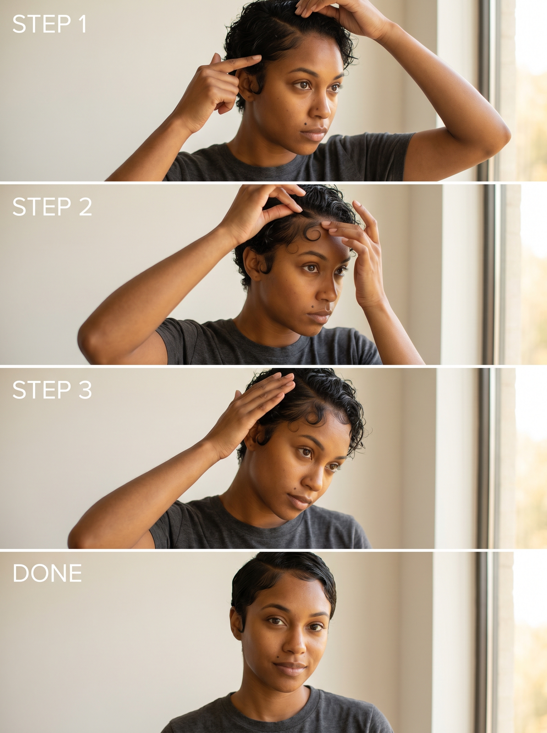 Chic espresso gloss sculpted baby hair pixie haircut, perfect for bold summer hairstyles for black women 2026. This edgy look features intricate baby hair designs for everyday or a date night.