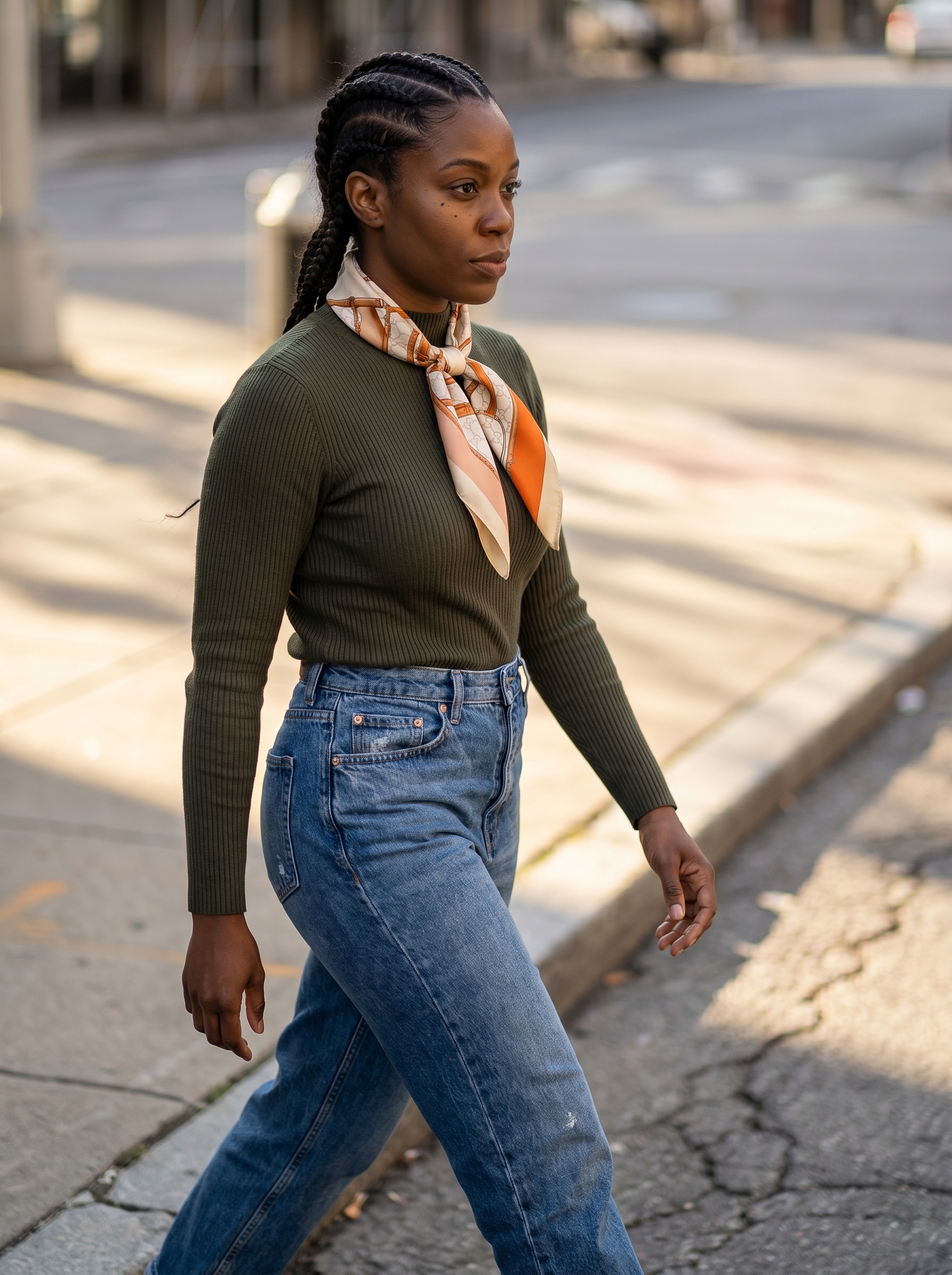 Sophisticated jumbo 'invisible' cornrows paired with a Coastal Grandmother silk scarf, an elegant and minimalist option for summer hairstyles for black women 2026. Great for work or travel.
