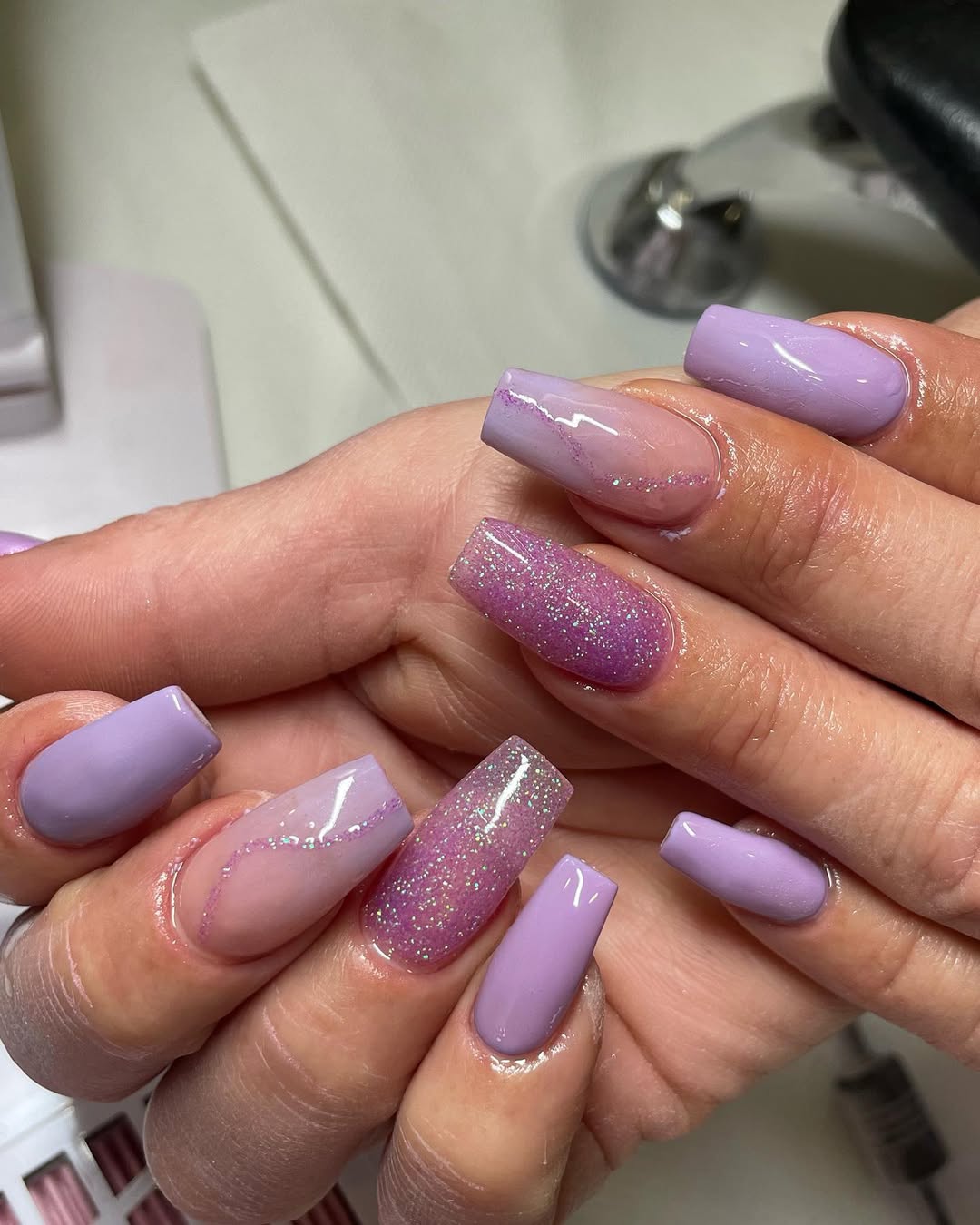 Summer Lilac Coffin Glitter Swirl Nails