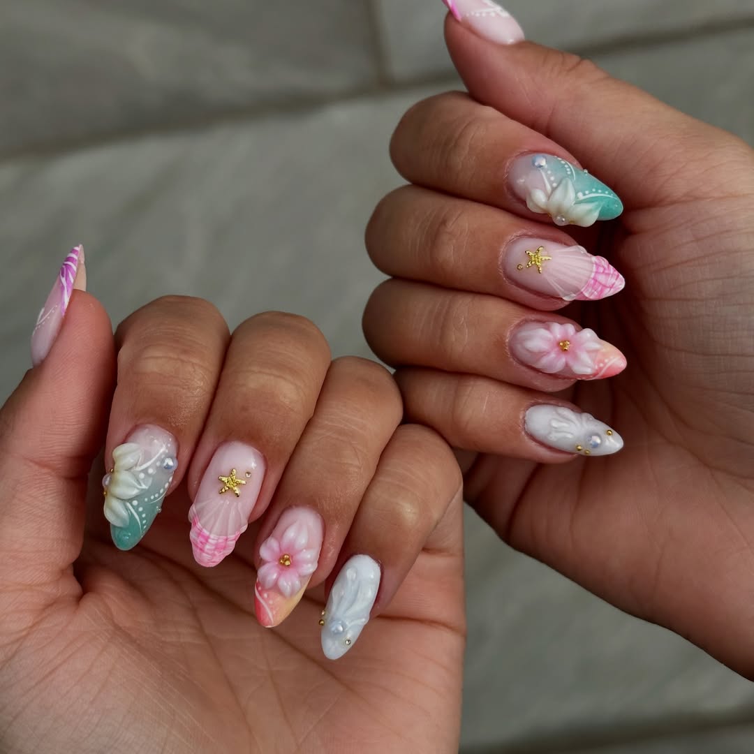 Summer Mermaid Core 3D Floral Seashell Nails