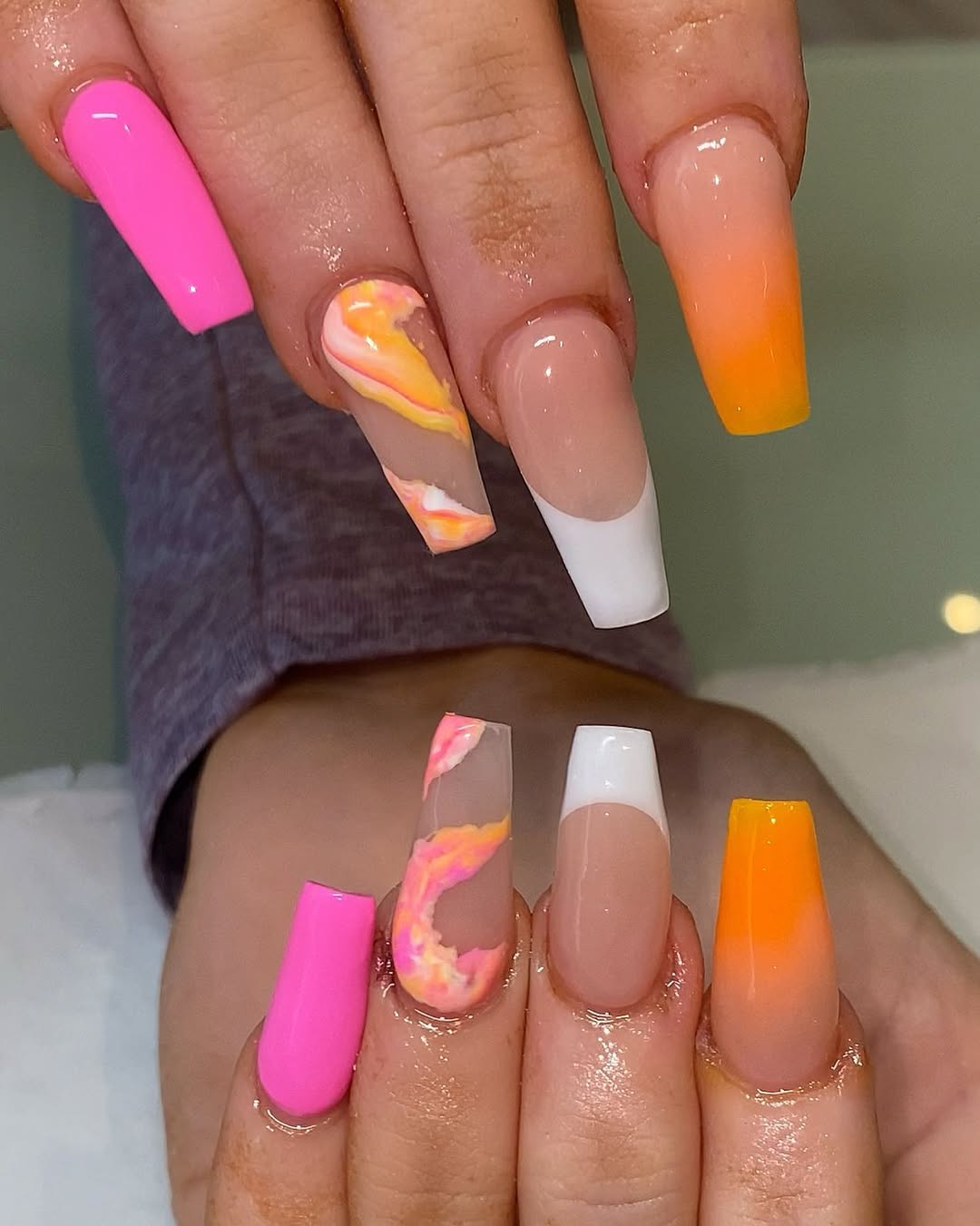 Summer Neon Ombre Swirl French Tip Manicure